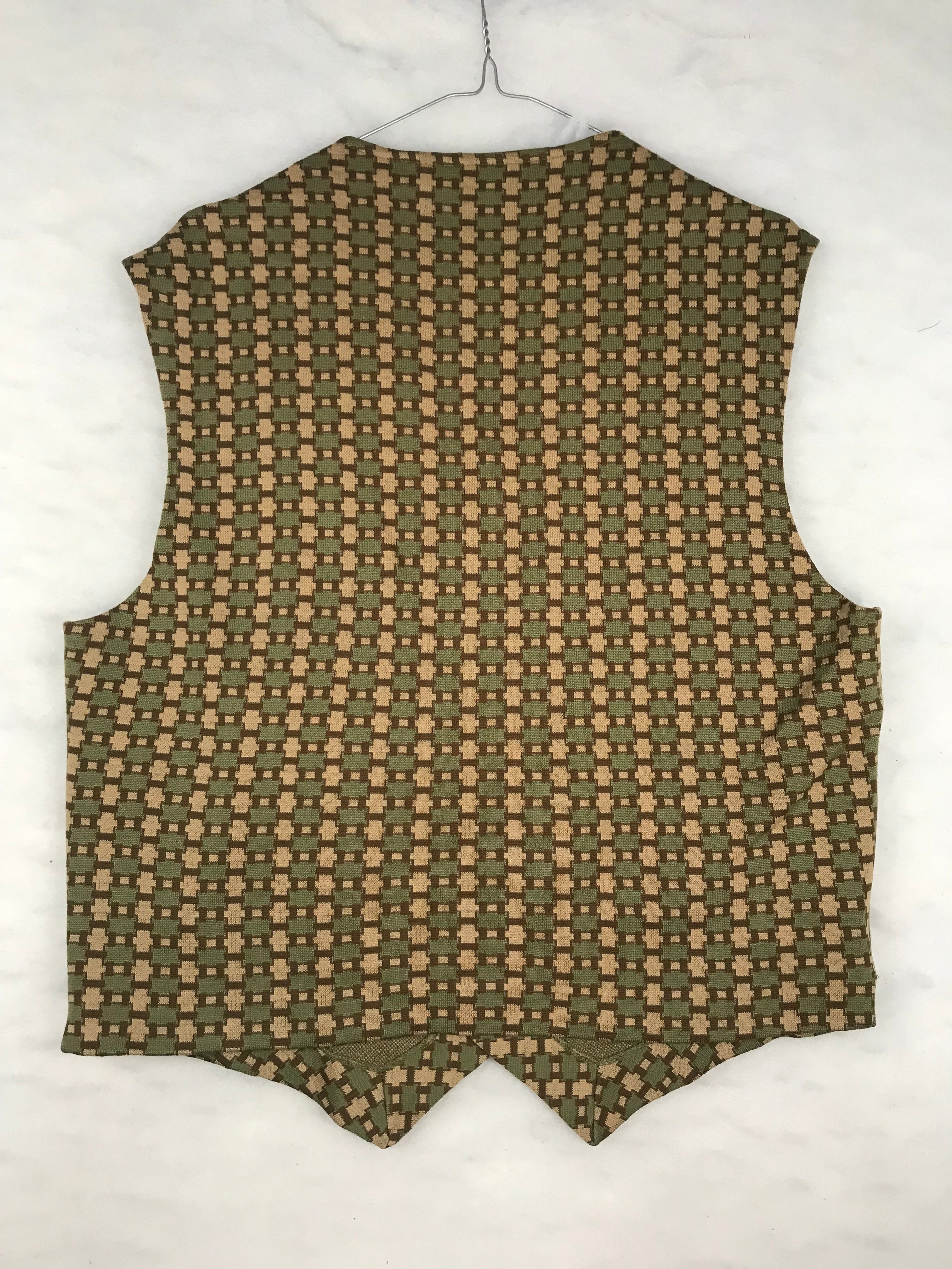 Gilet Vintage Uomo in Maglia Jacquard Geometrico Verde e Beige