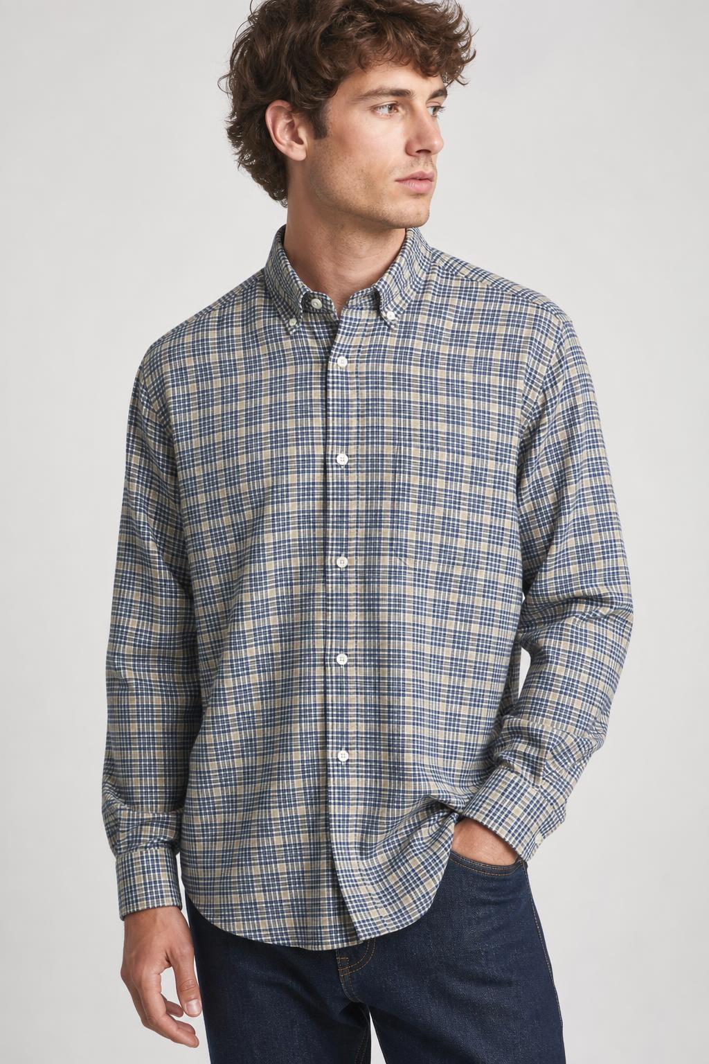 Camicia Vintage Uomo a Quadri Blu e Beige