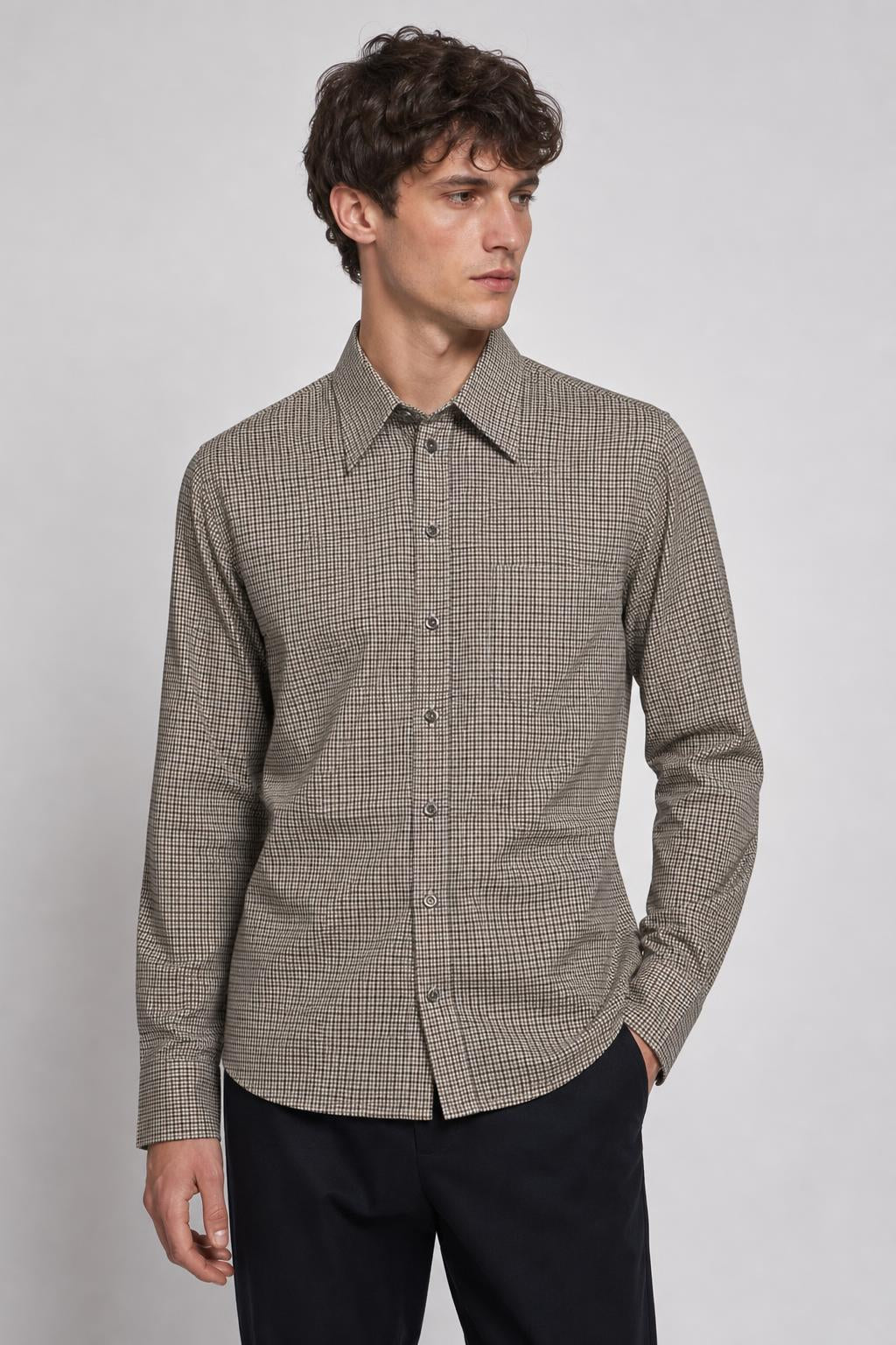 Camicia Vintage Uomo Micro Quadri Beige