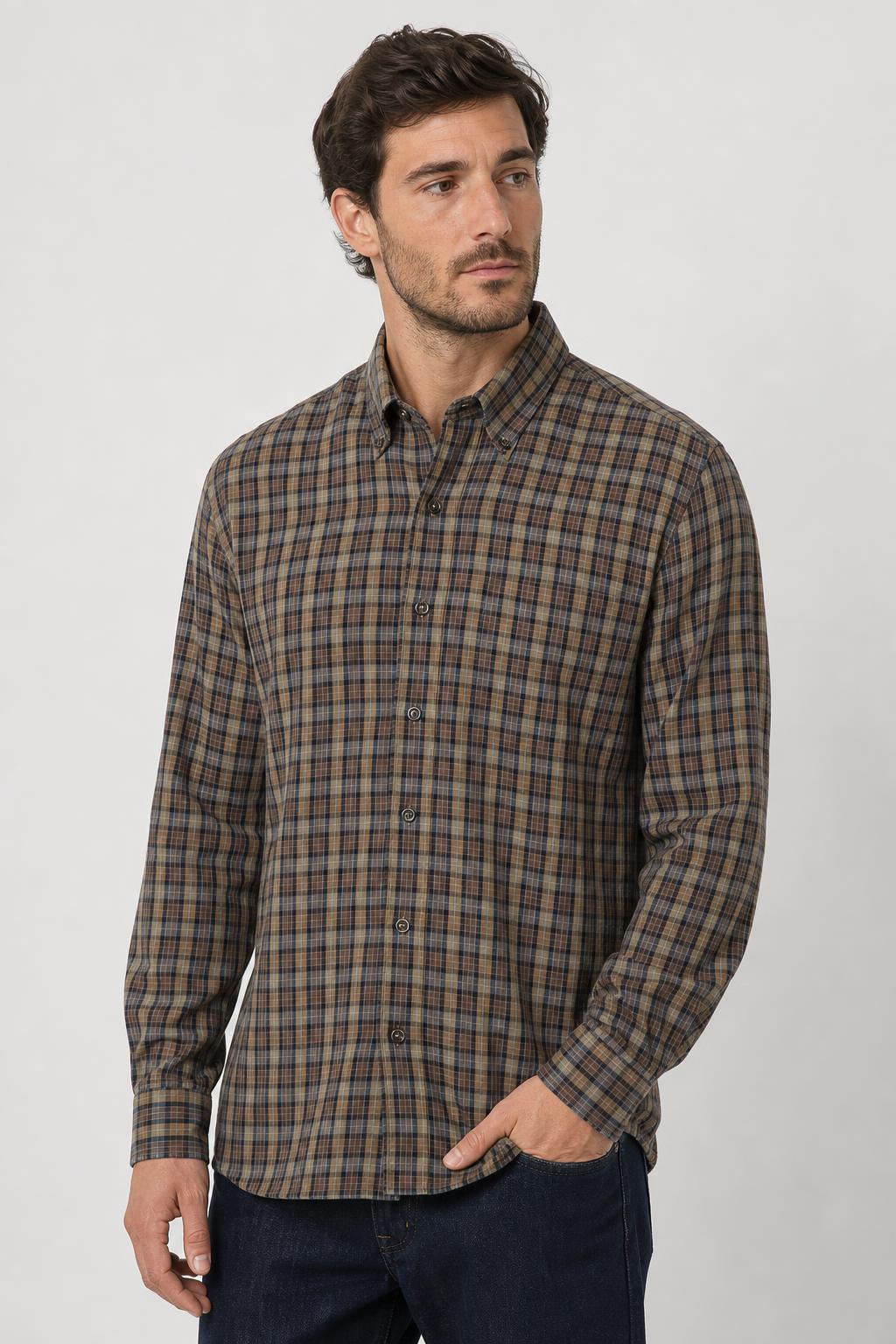 Camicia Vintage Uomo a Micro Quadri Marrone