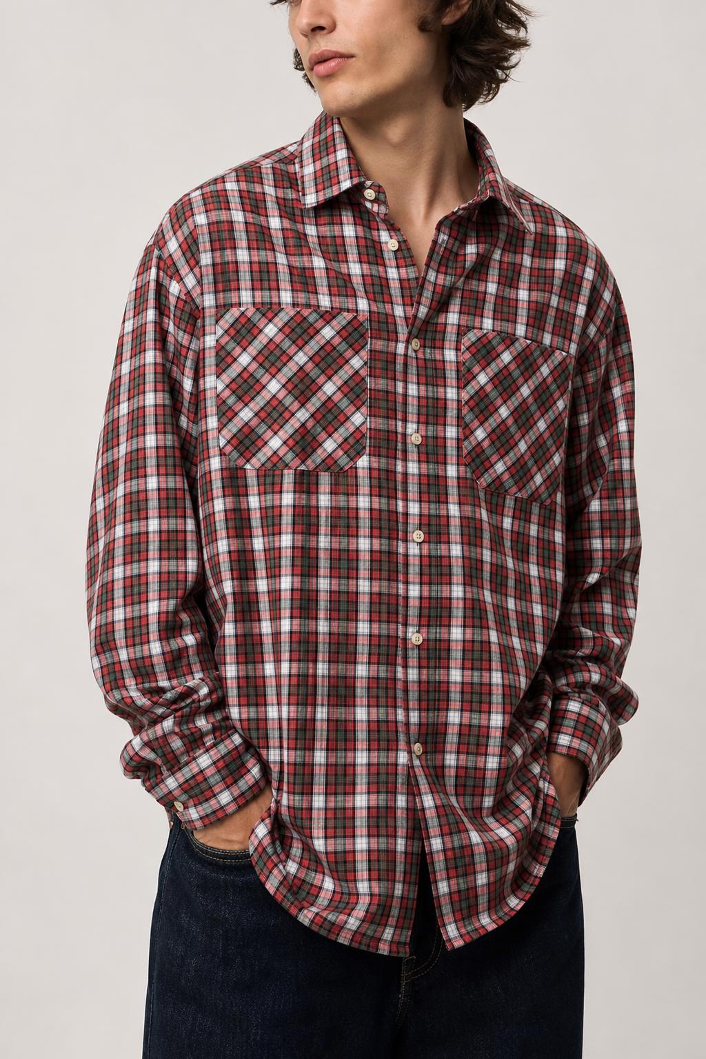 Camicia Vintage Uomo in Flanella a Quadri Rosso e Verde