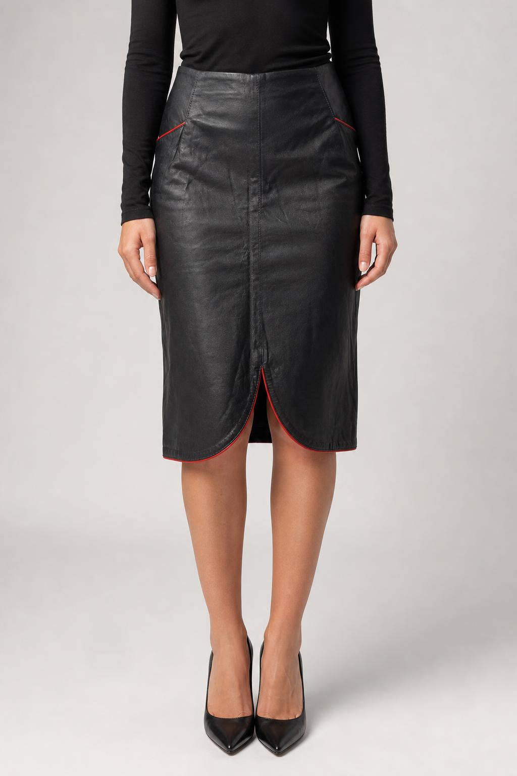 Gonna Vintage Donna a Matita in Pelle Nera con Profilo Rosso