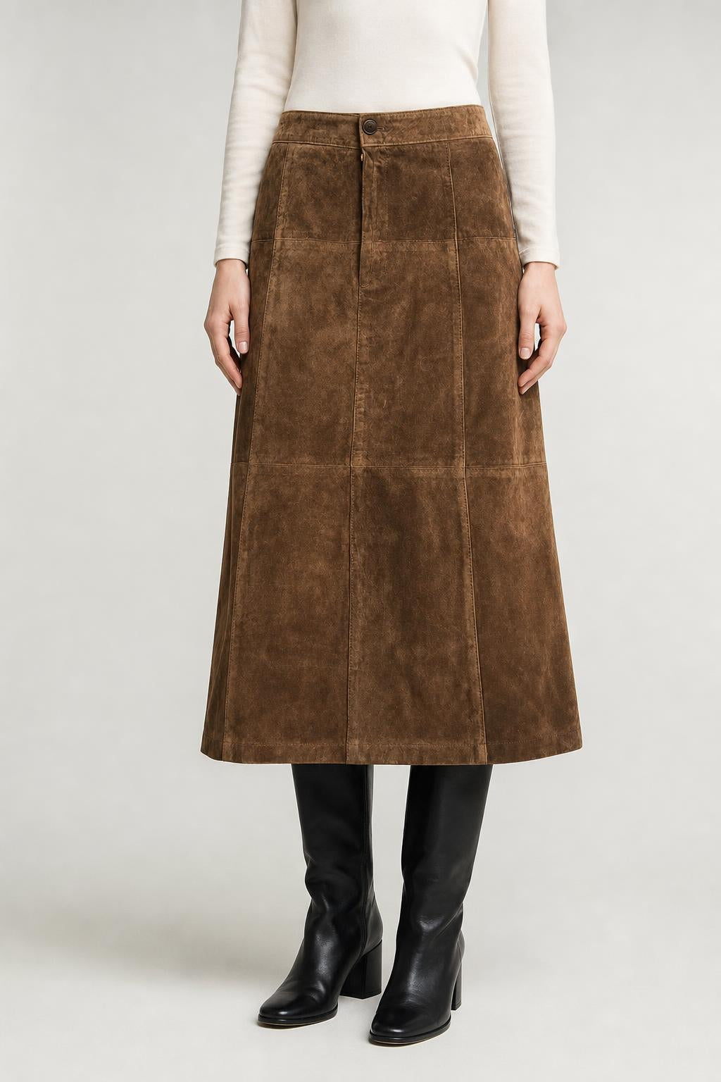 Gonna Vintage Donna Midi in Camoscio Marrone