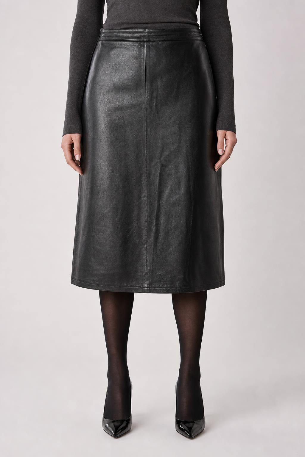 Gonna Vintage Donna Midi in Pelle Nera a Pannelli
