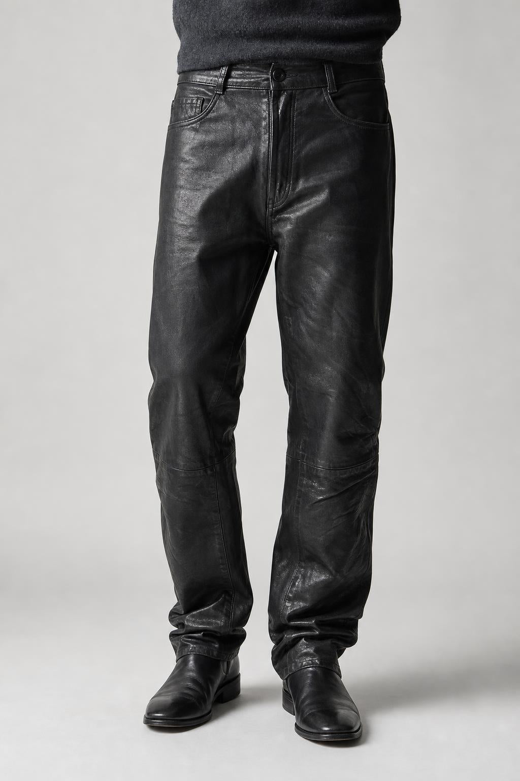 Pantaloni Vintage Uomo in Pelle Nera con Dettagli Ricamati