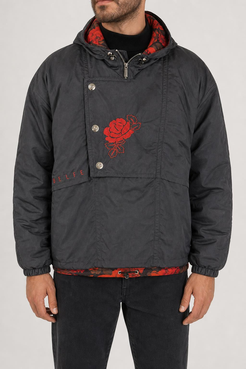Giacca a vento anorak nera con ricamo rosa Belfe vintage – Uomo Taglia L