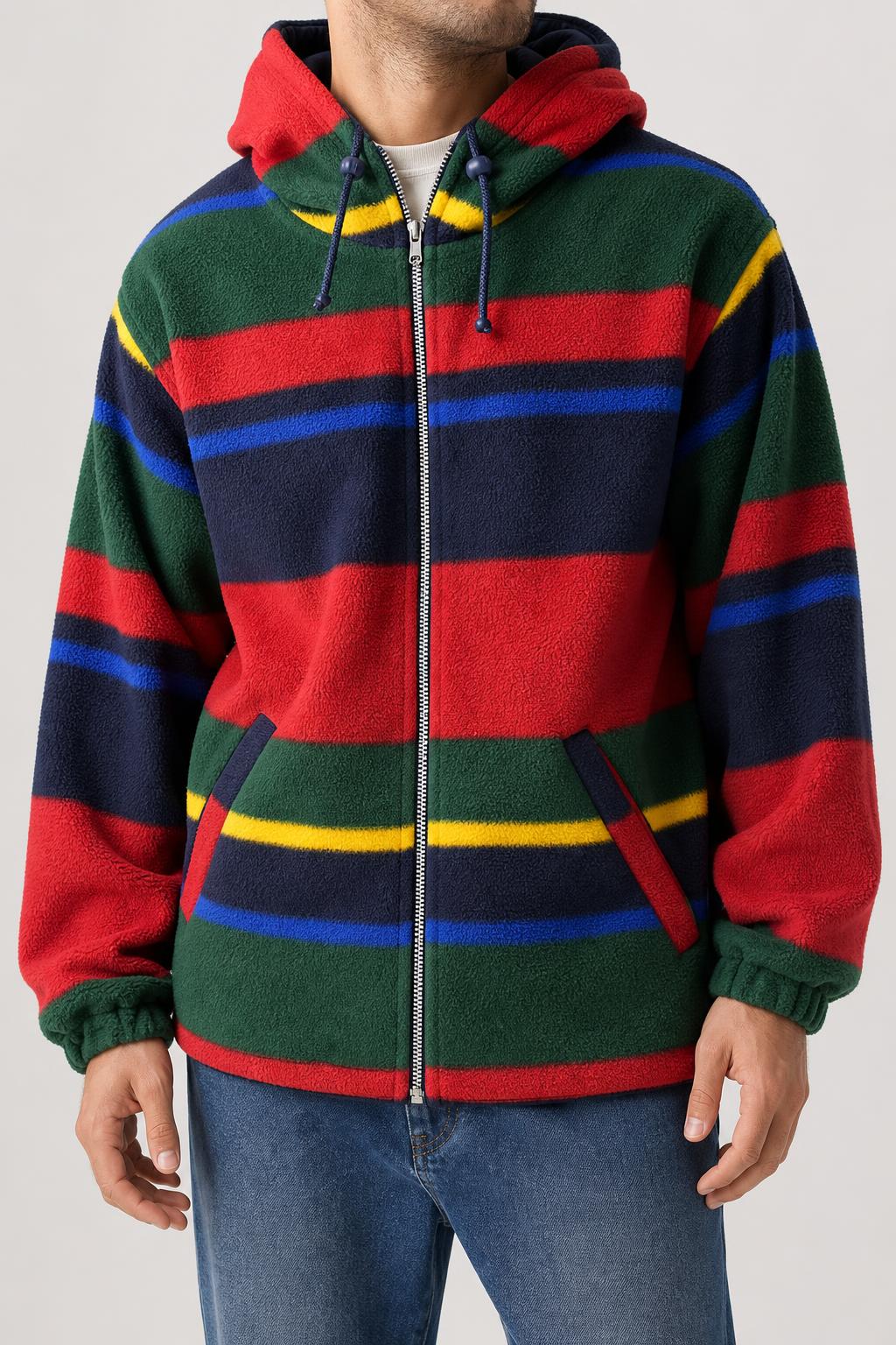 Giacca in pile a righe multicolori con cappuccio vintage – Uomo Taglia L