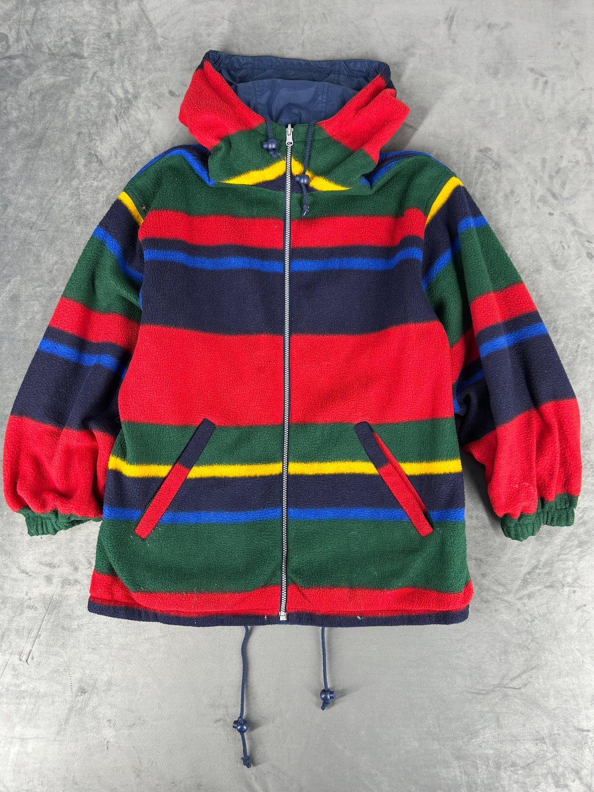 Giacca in pile a righe multicolori con cappuccio vintage – Uomo Taglia L