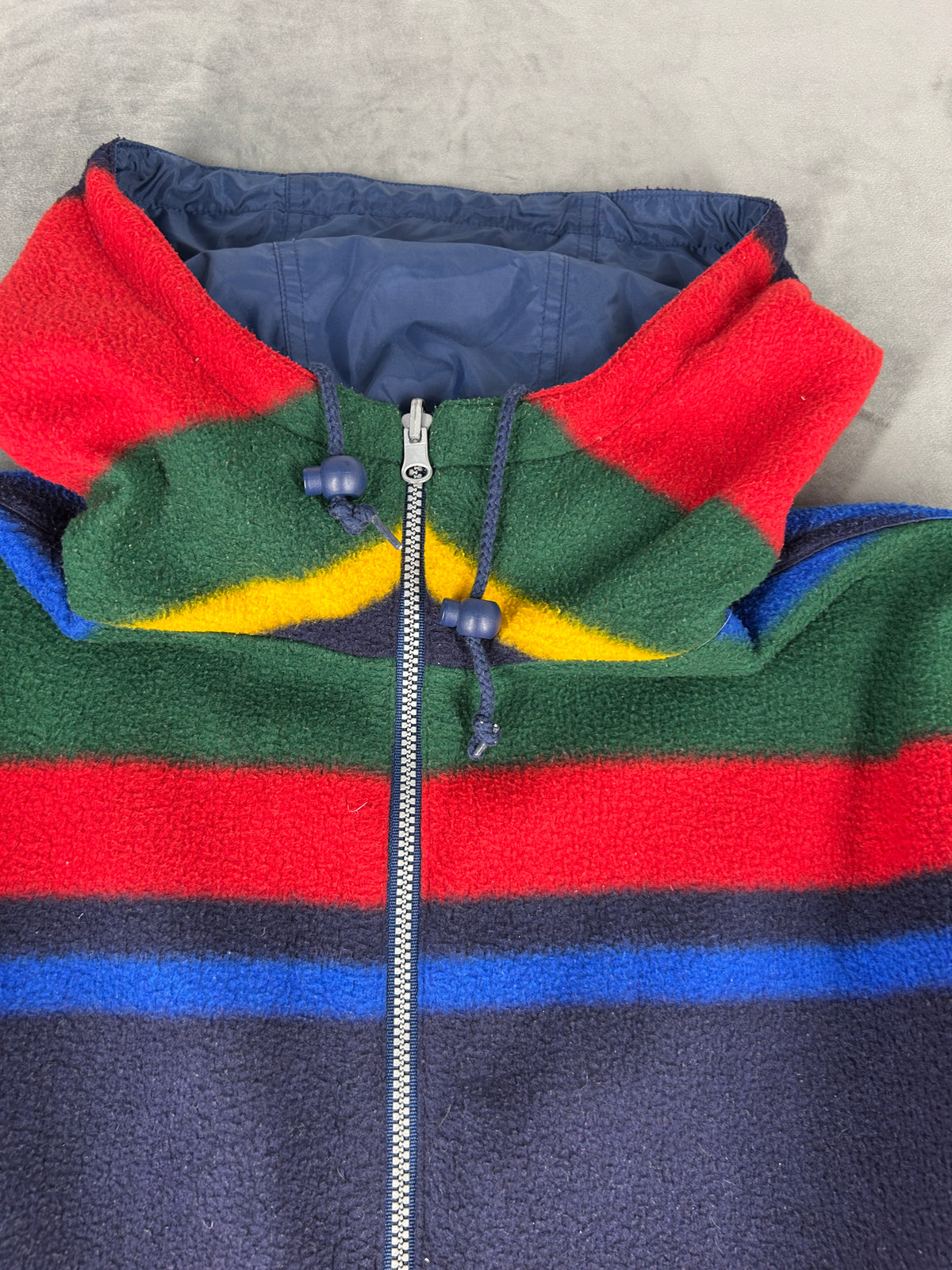 Giacca in pile a righe multicolori con cappuccio vintage – Uomo Taglia L