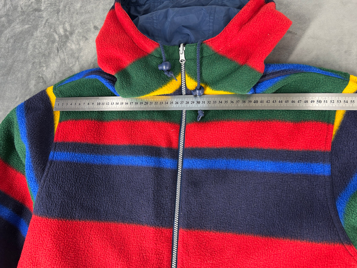 Giacca in pile a righe multicolori con cappuccio vintage – Uomo Taglia L