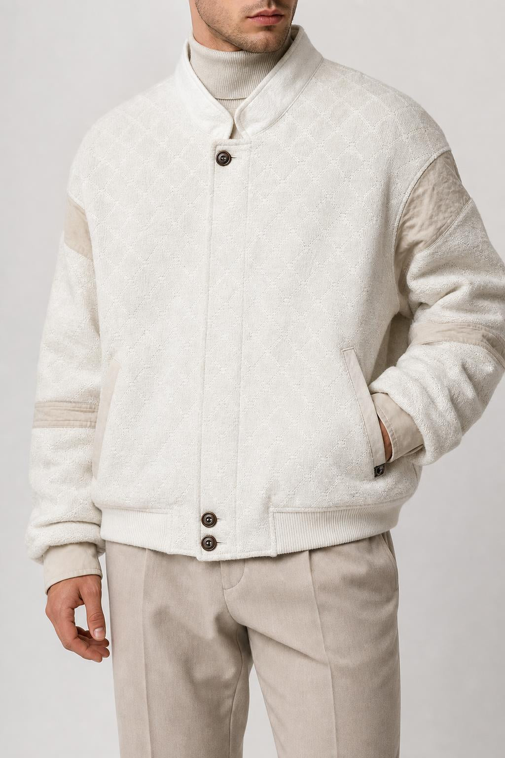 Bomber bianco panna trapuntato a rombi vintage – Uomo Taglia L