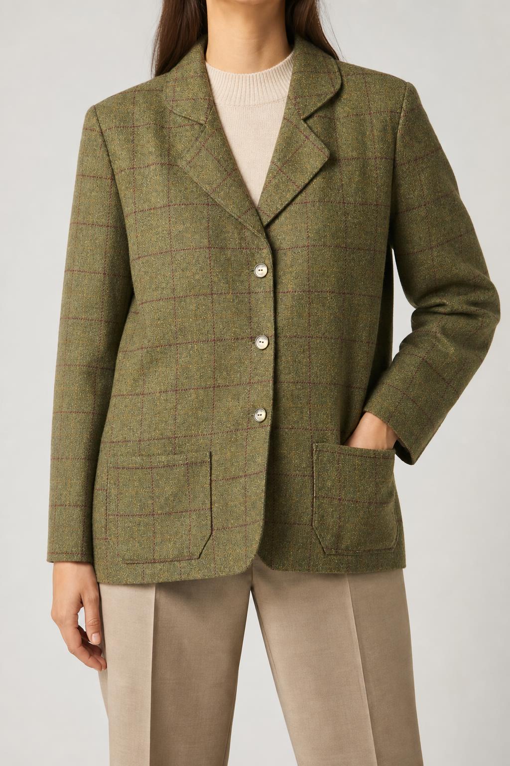 Blazer in lana verde a quadri vintage – Donna Taglia L