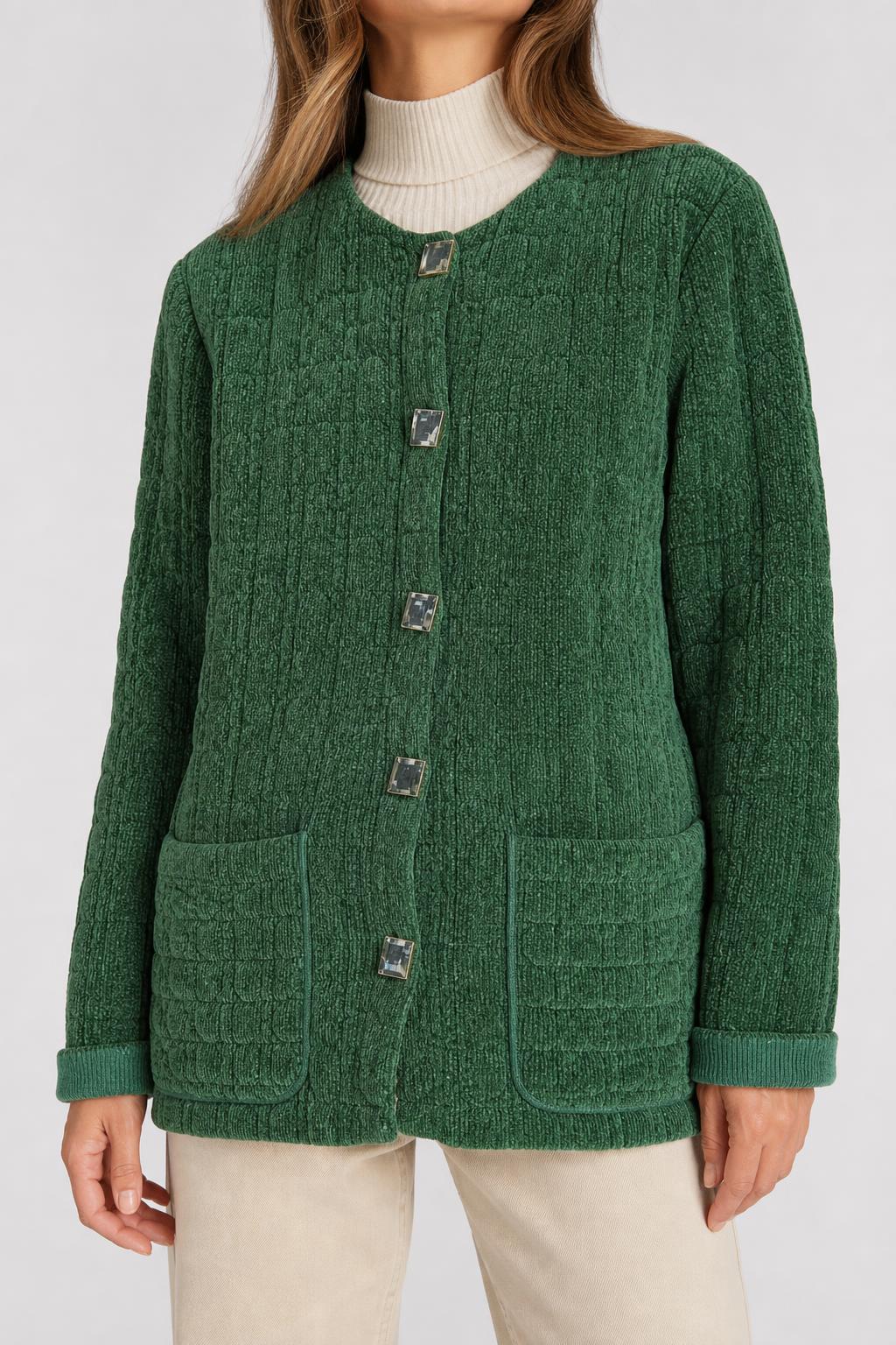 Cardigan lungo in maglia trapuntata verde Devernois vintage – Donna Taglia L