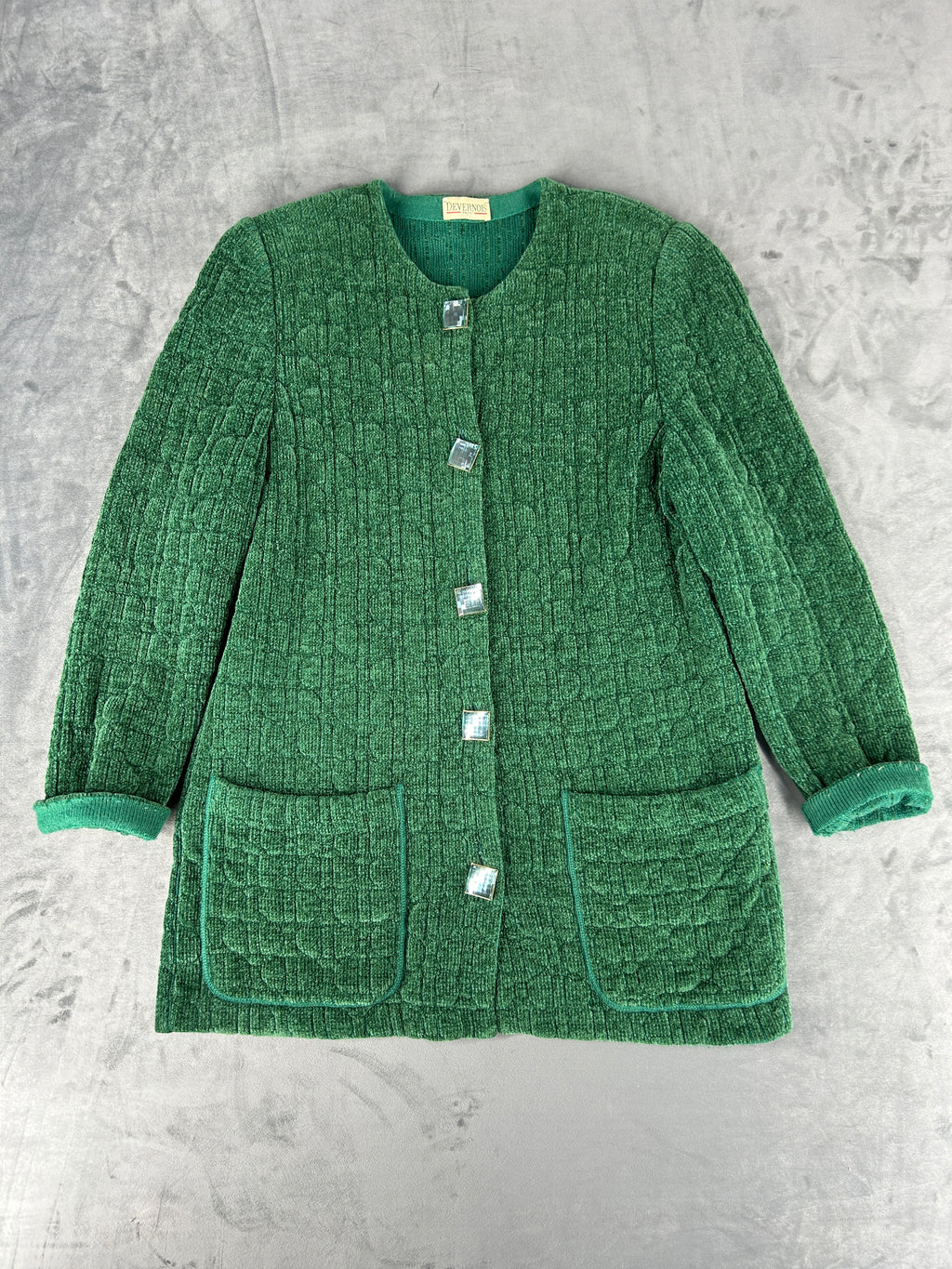 Cardigan lungo in maglia trapuntata verde Devernois vintage – Donna Taglia L