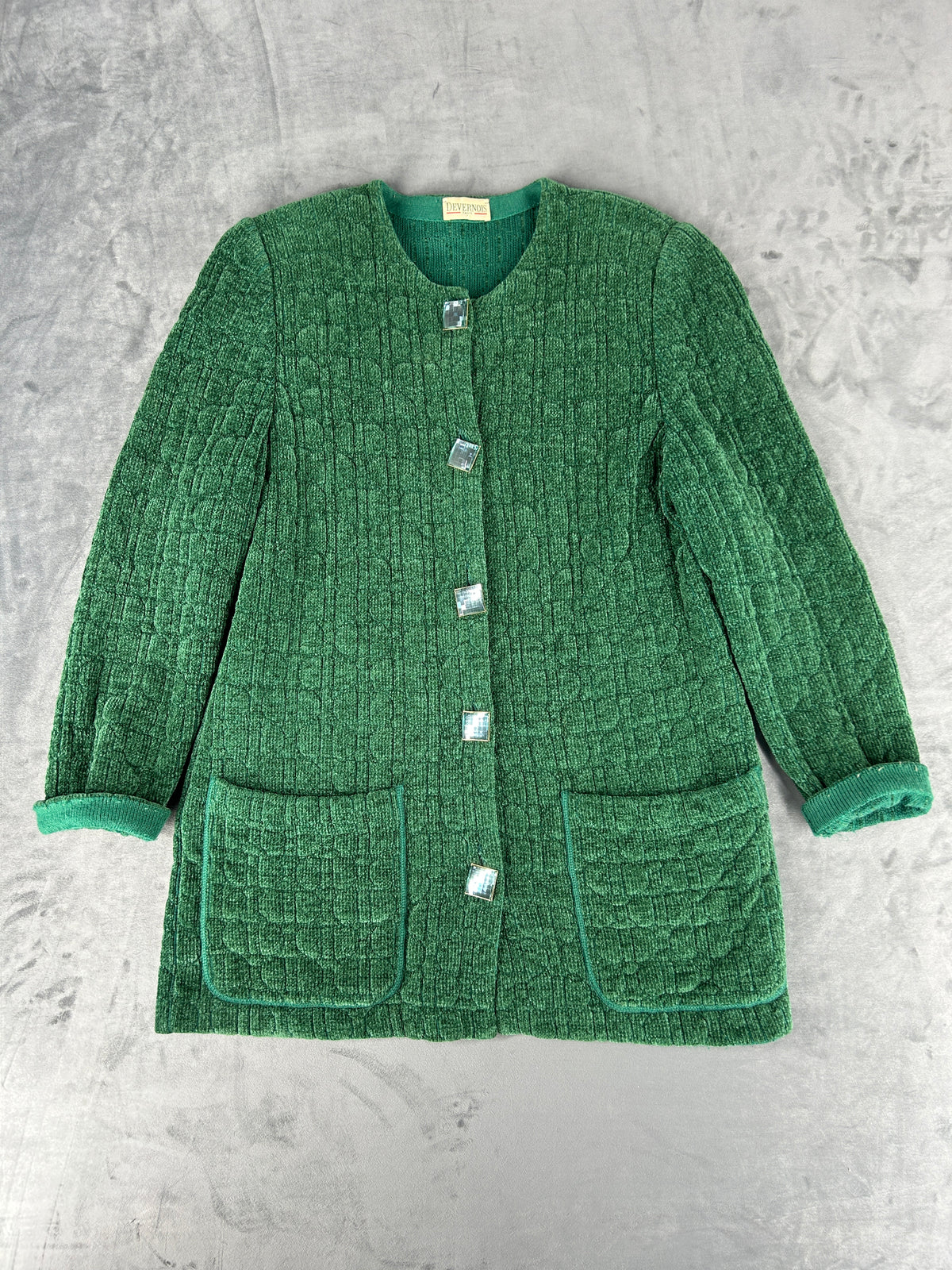 Cardigan lungo in maglia trapuntata verde Devernois vintage – Donna Taglia L