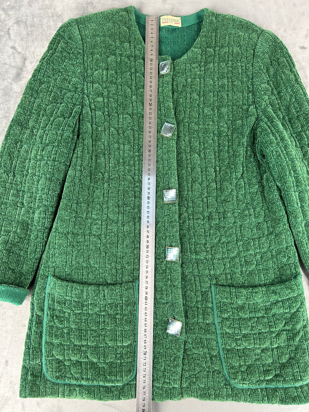 Cardigan lungo in maglia trapuntata verde Devernois vintage – Donna Taglia L