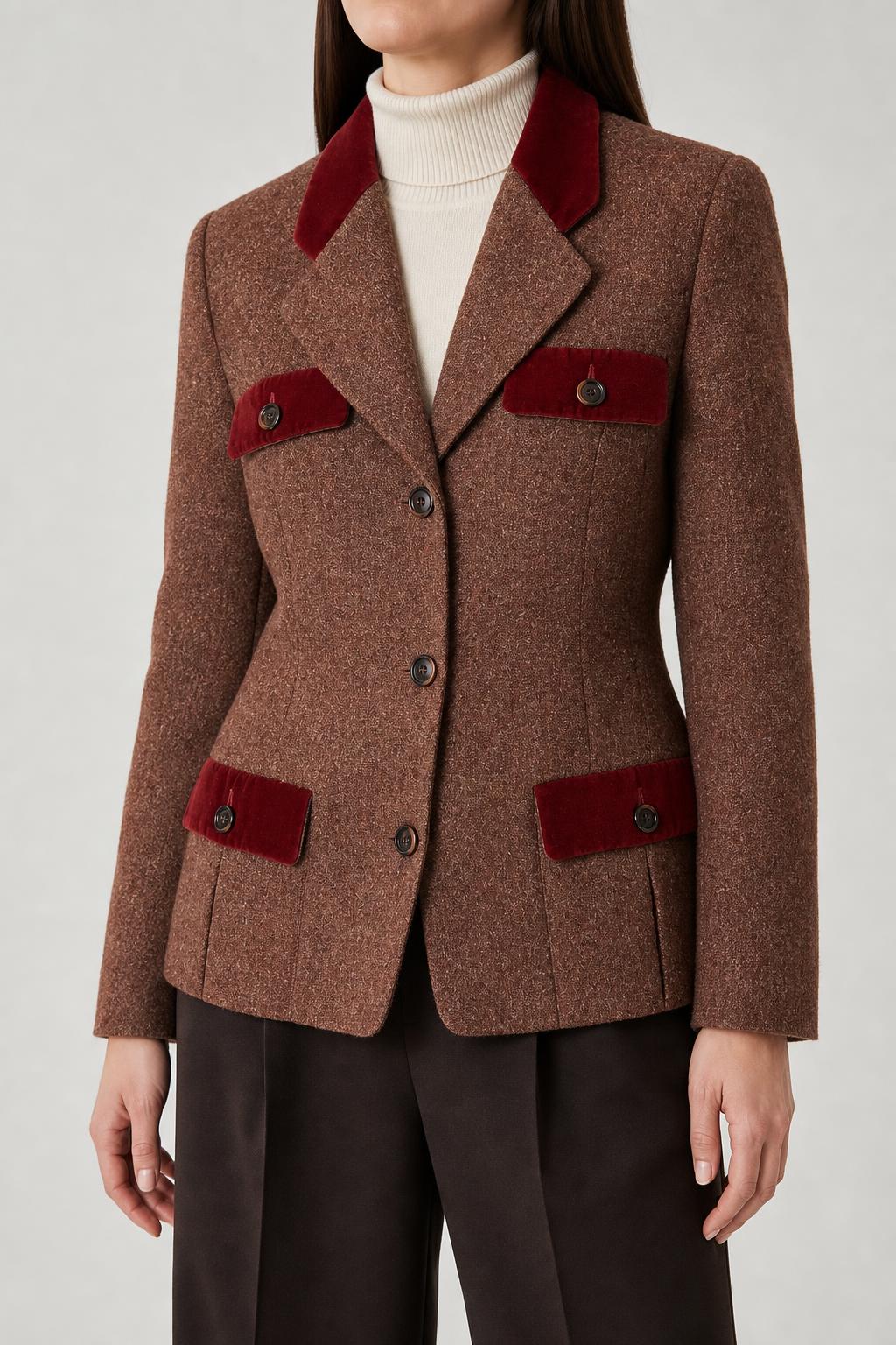 Blazer in lana tweed marrone con profili in velluto vintage – Donna Taglia M