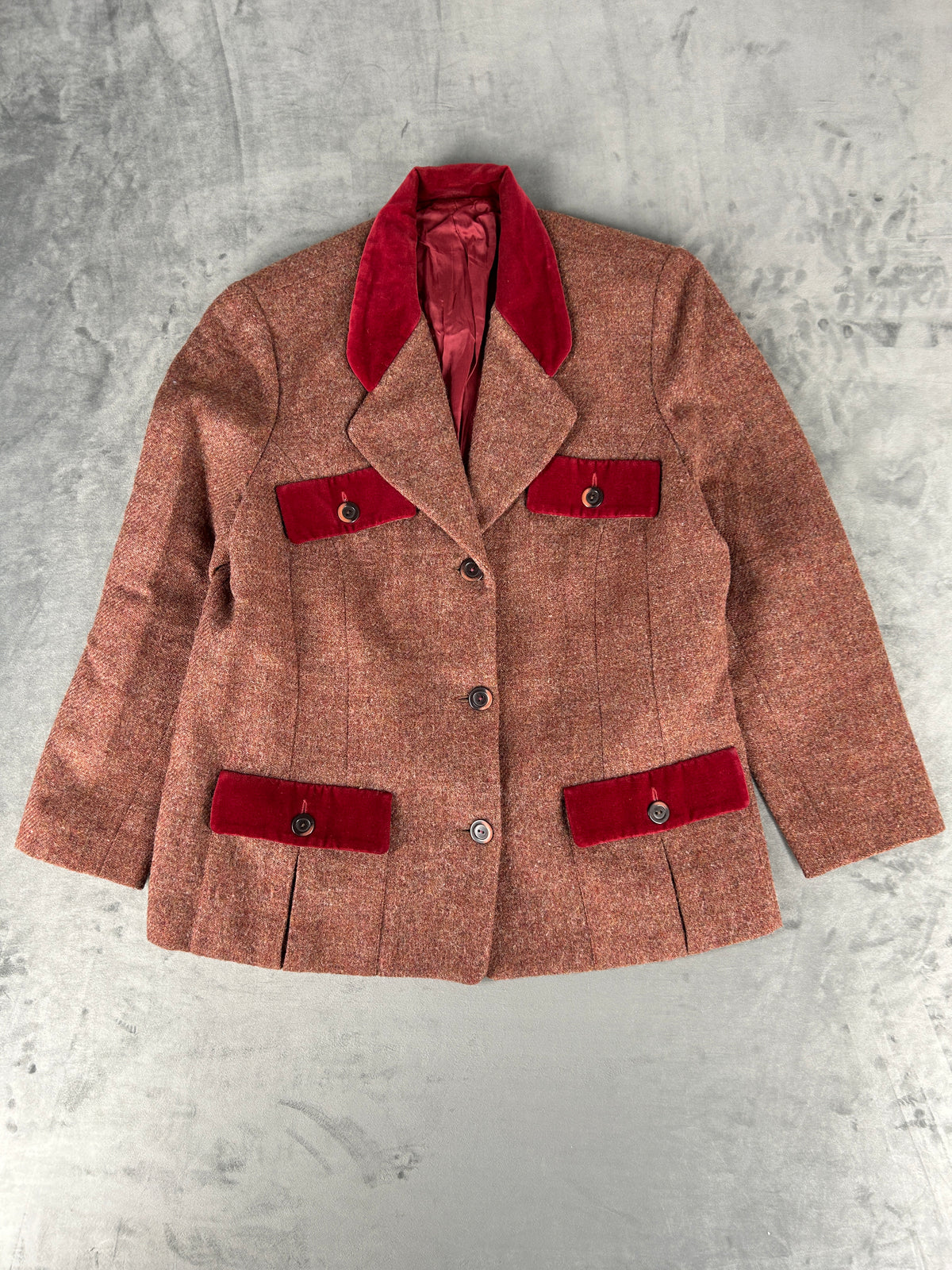 Blazer in lana tweed marrone con profili in velluto vintage – Donna Taglia M