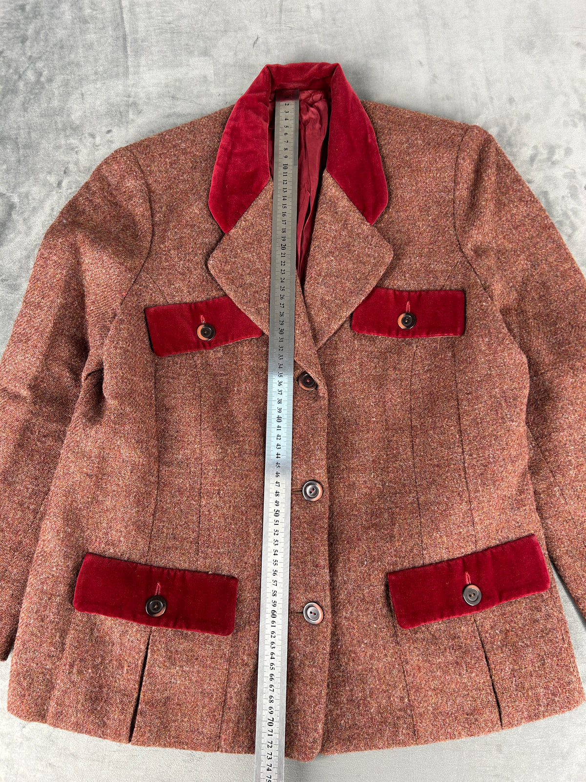 Blazer in lana tweed marrone con profili in velluto vintage – Donna Taglia M