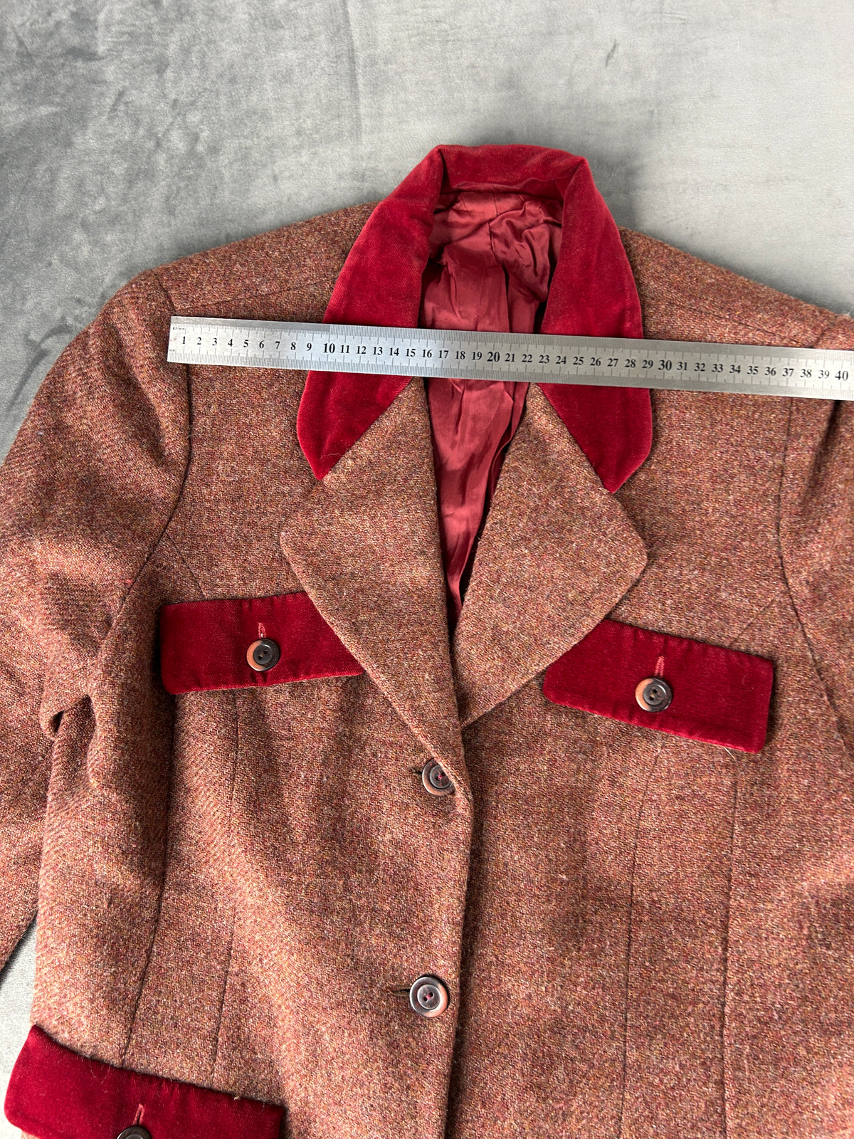 Blazer in lana tweed marrone con profili in velluto vintage – Donna Taglia M