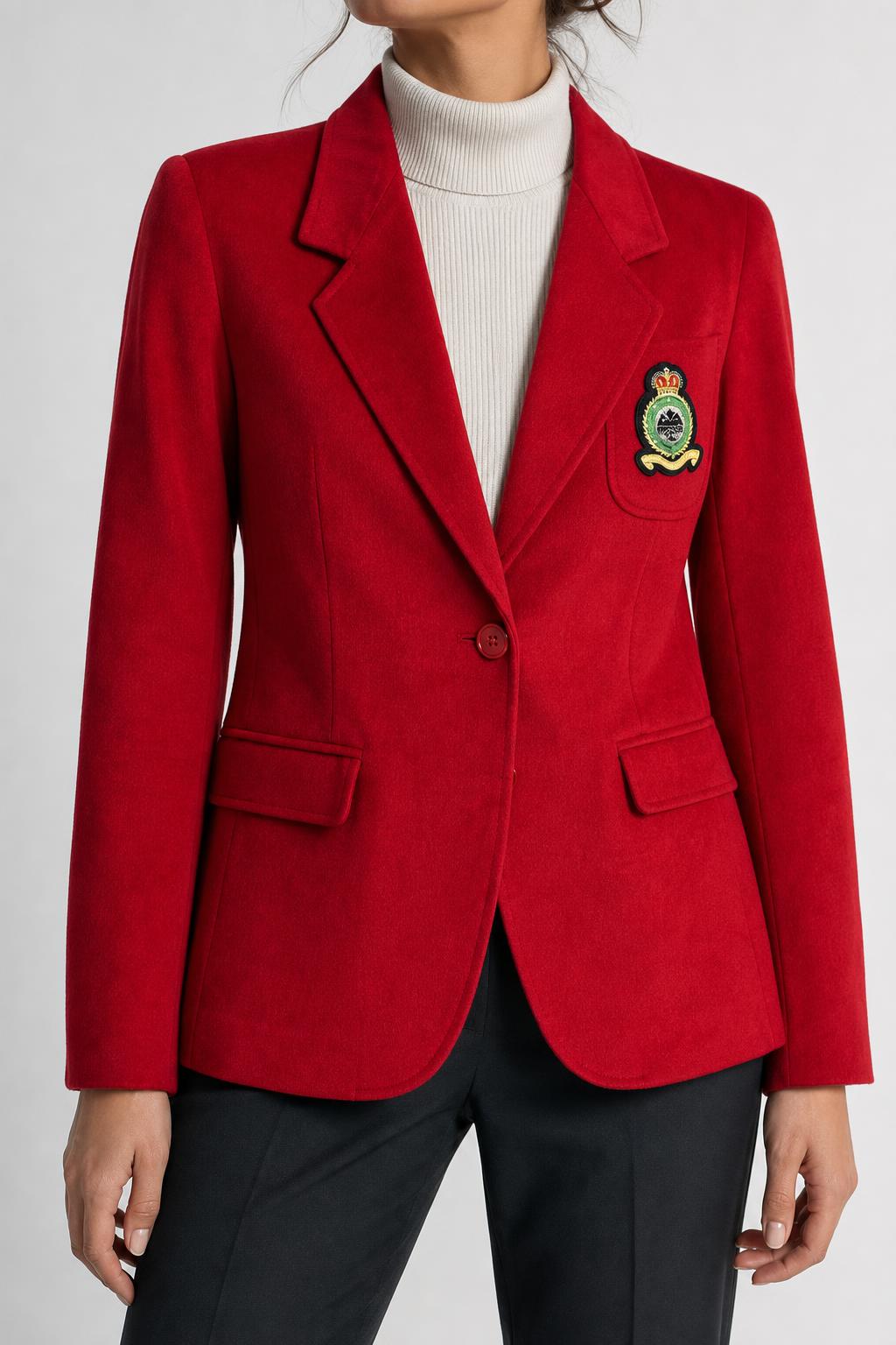 Blazer rosso in lana con stemma ricamato vintage – Donna Taglia M