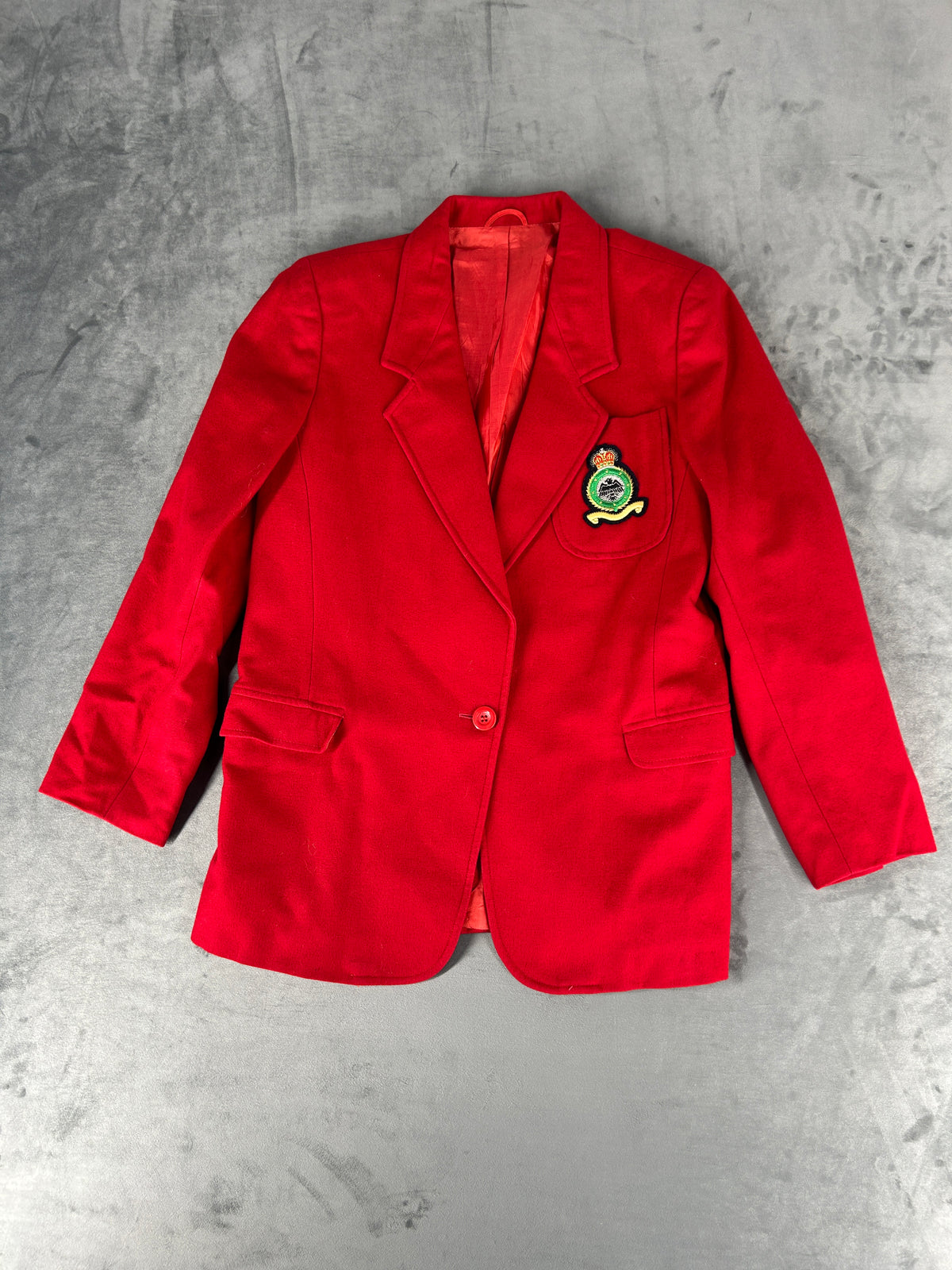 Blazer rosso in lana con stemma ricamato vintage – Donna Taglia M