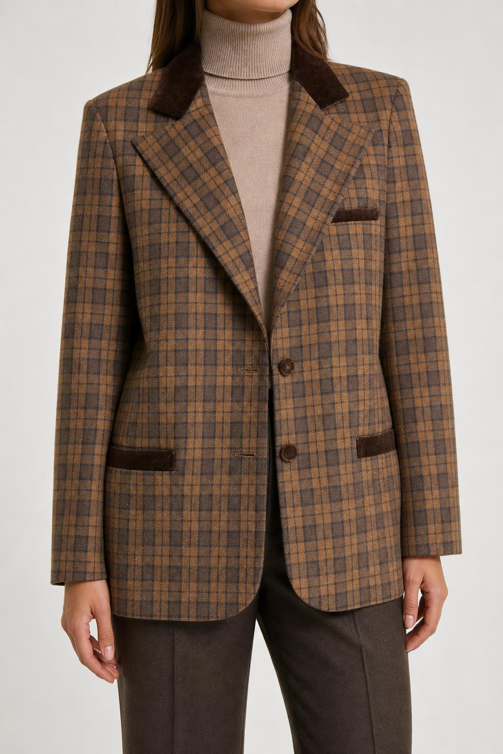 Blazer in lana a quadri marrone con collo in velluto vintage – Donna Taglia M