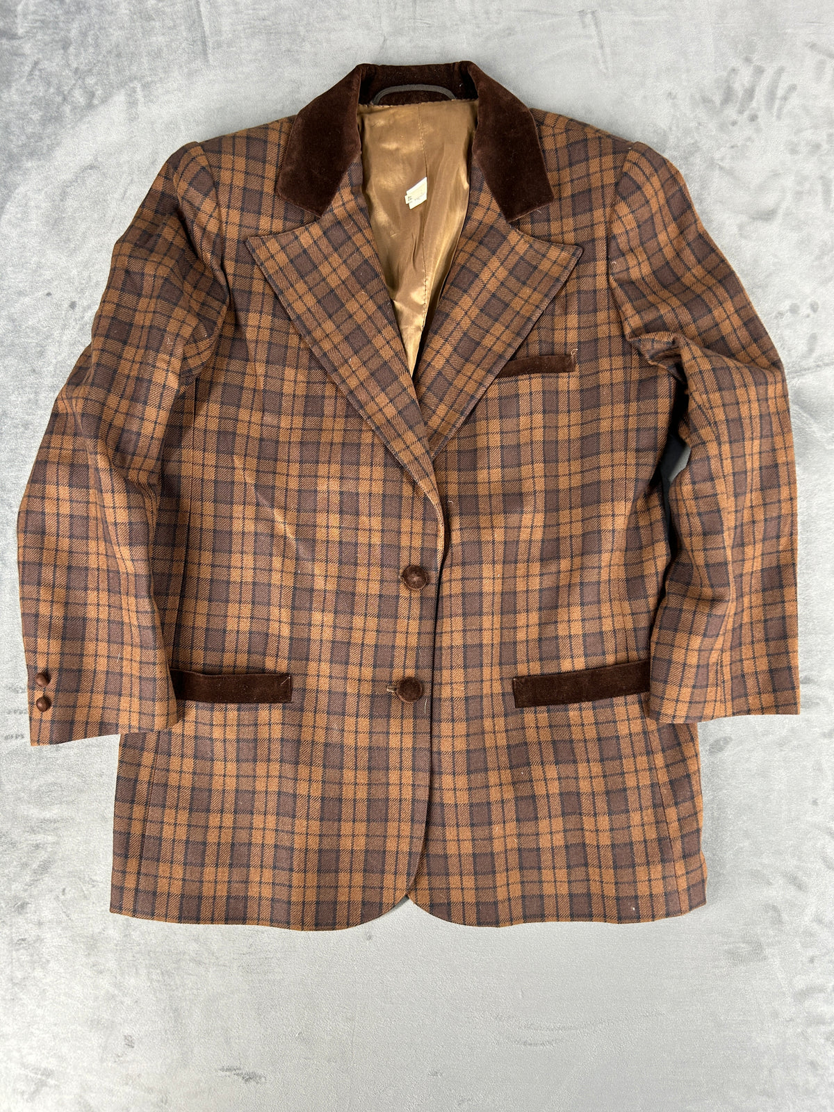 Blazer in lana a quadri marrone con collo in velluto vintage – Donna Taglia M