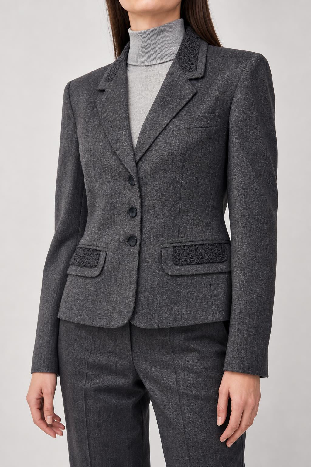 Blazer grigio in lana con dettagli in pizzo Simone vintage – Donna Taglia M (IT 42)