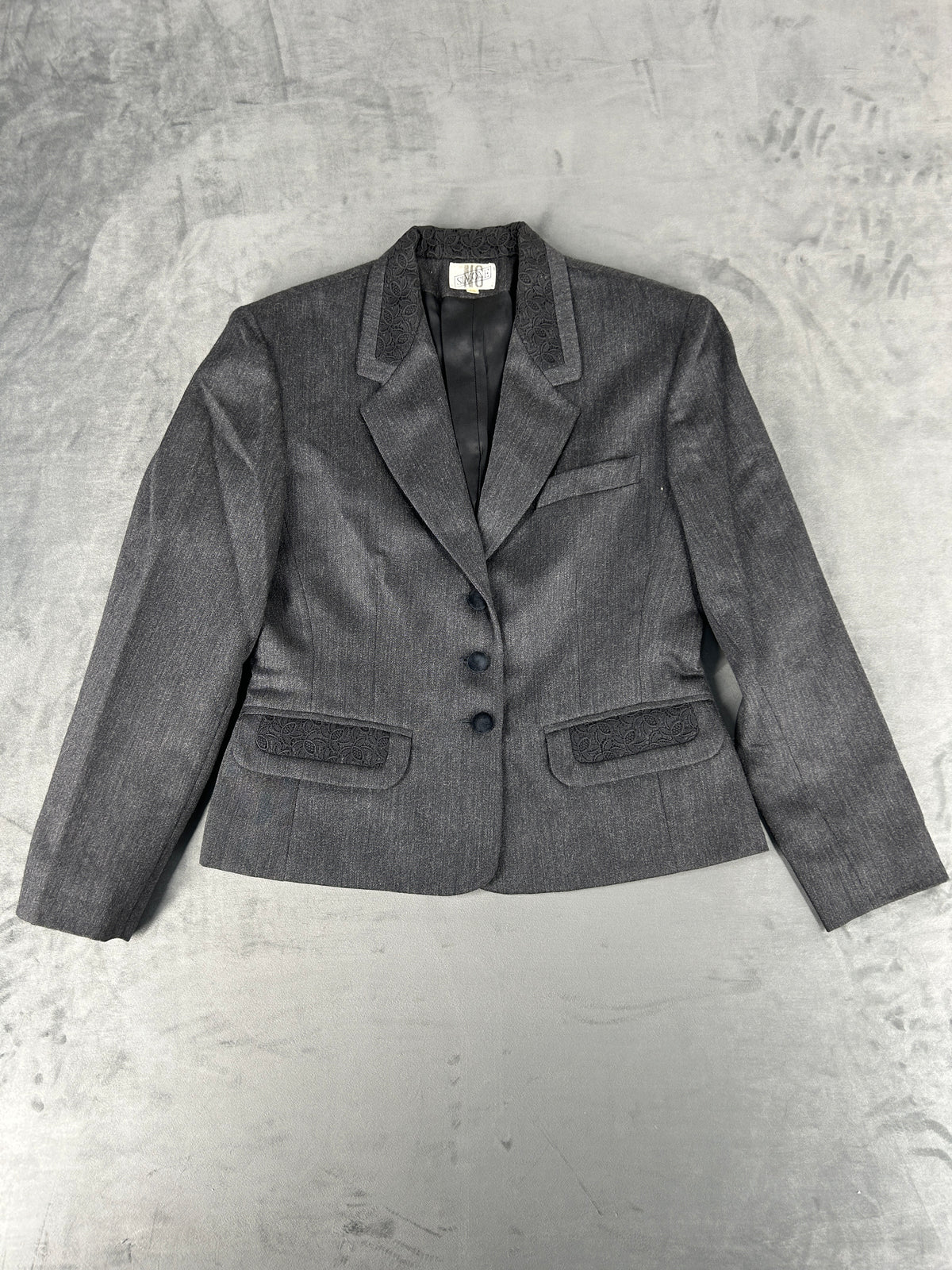 Blazer grigio in lana con dettagli in pizzo Simone vintage – Donna Taglia M (IT 42)