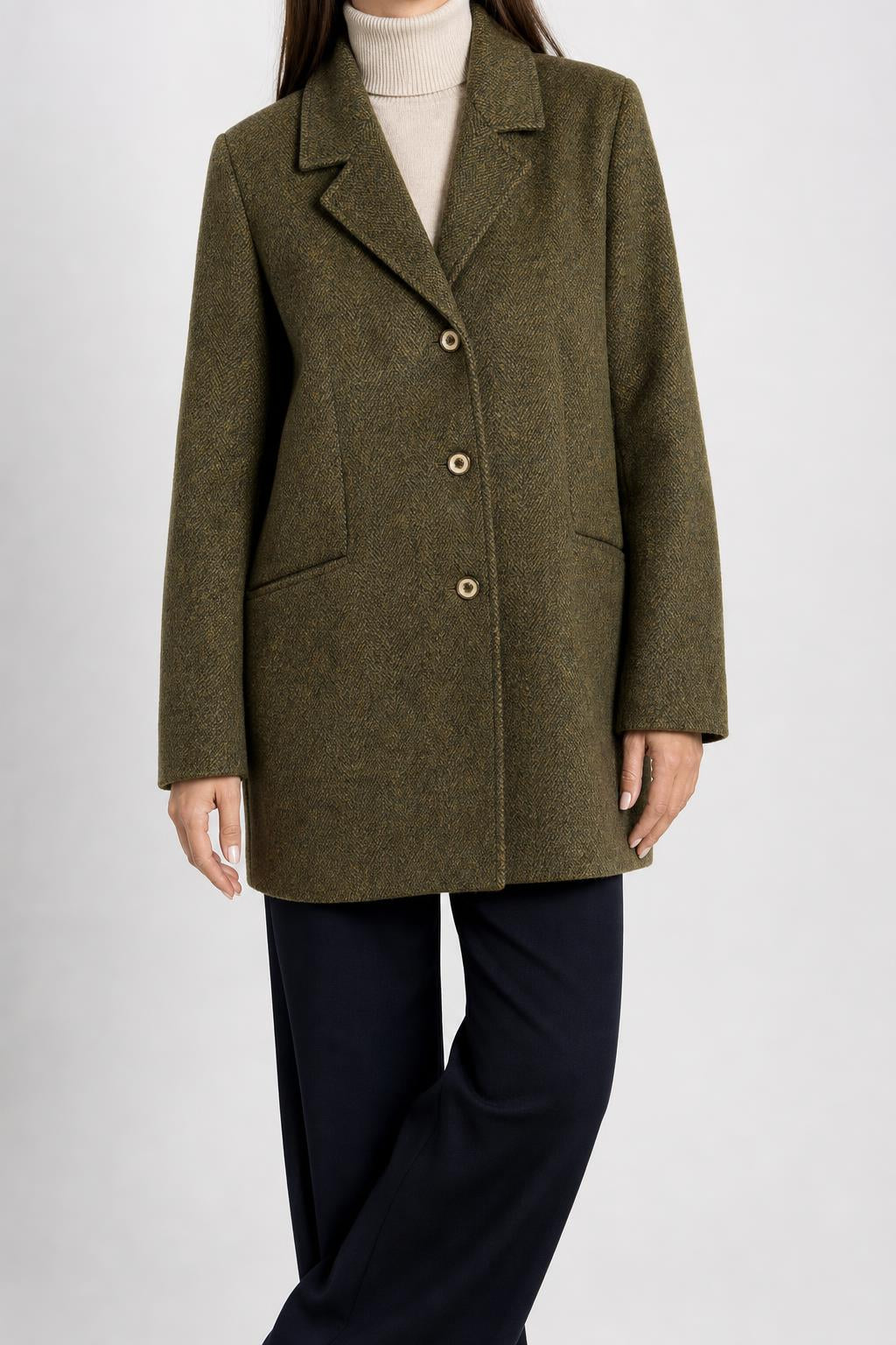Cappotto corto in lana tweed verde militare vintage – Donna Taglia L