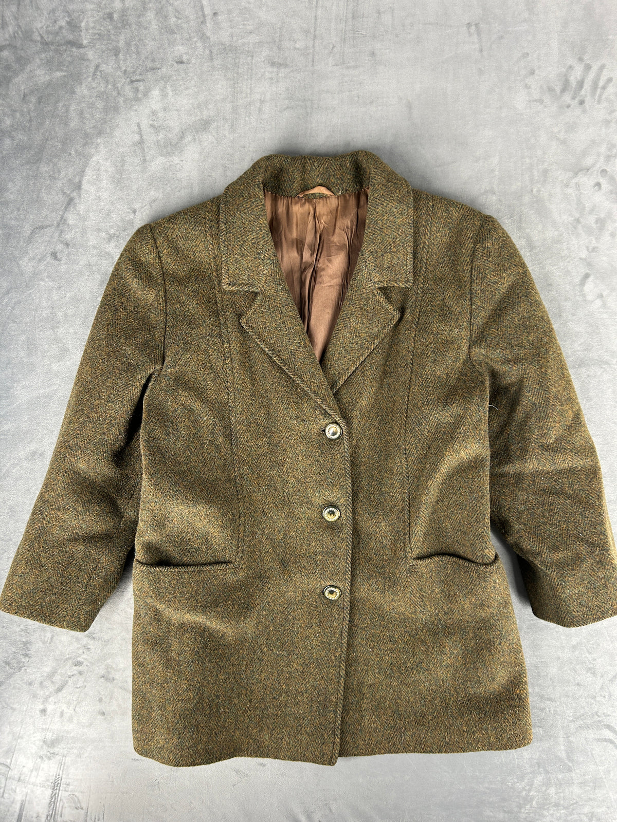 Cappotto corto in lana tweed verde militare vintage – Donna Taglia L