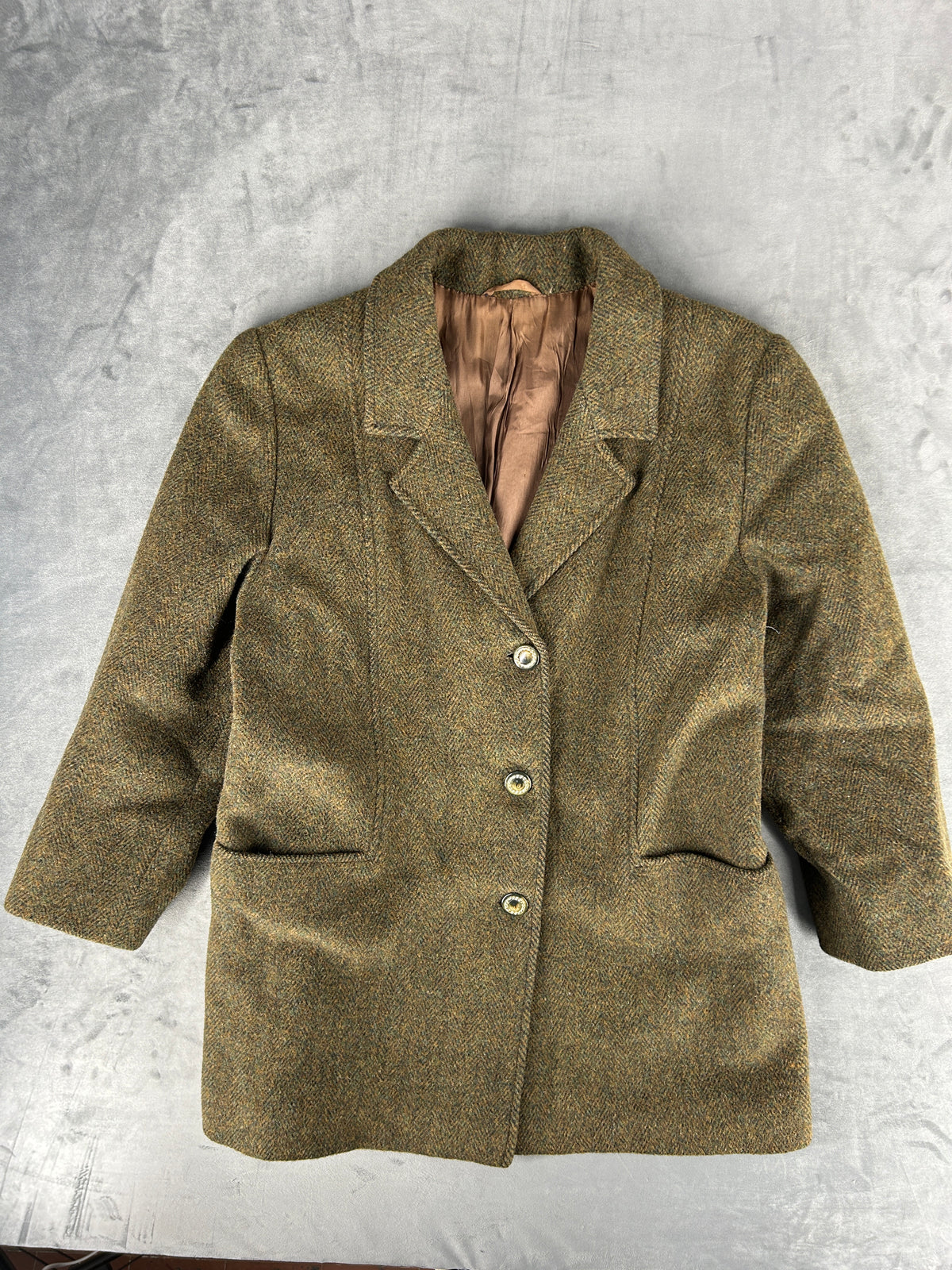 Cappotto corto in lana tweed verde militare vintage – Donna Taglia L