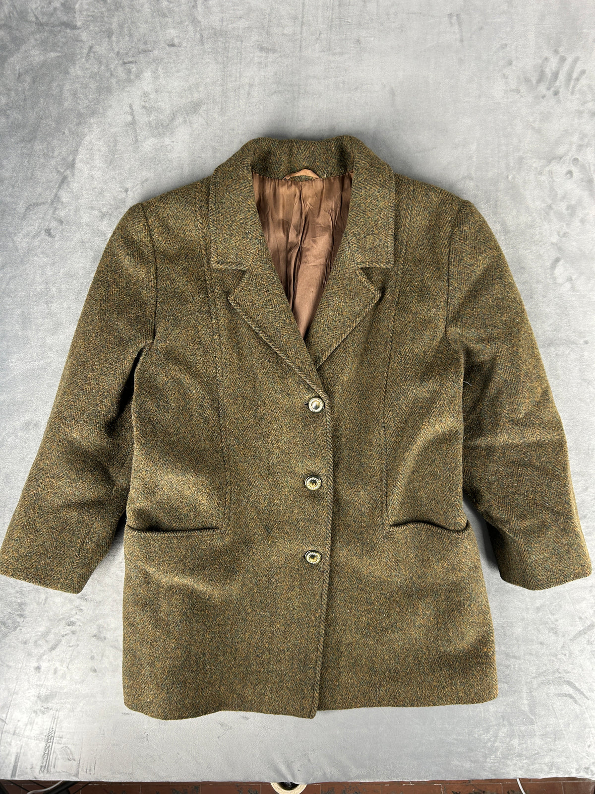 Cappotto corto in lana tweed verde militare vintage – Donna Taglia L