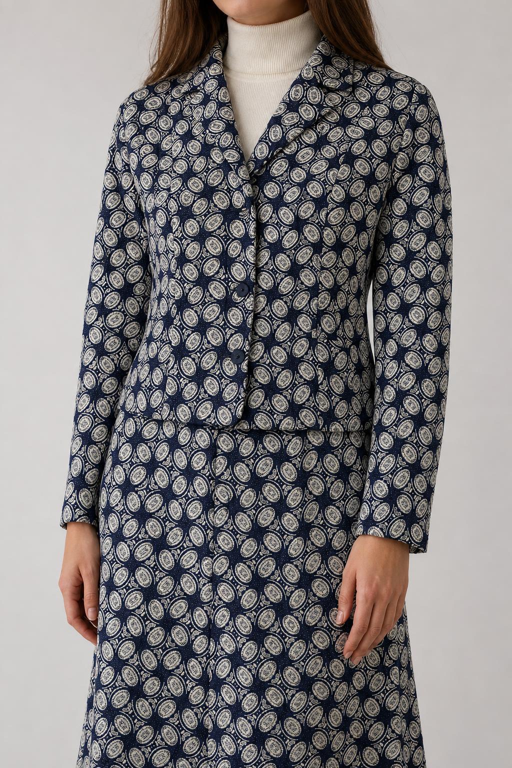 Completo giacca e gonna blu navy a fantasia vintage – Donna Taglia M