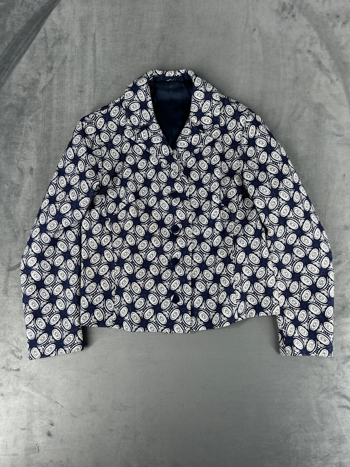 Completo giacca e gonna blu navy a fantasia vintage – Donna Taglia M
