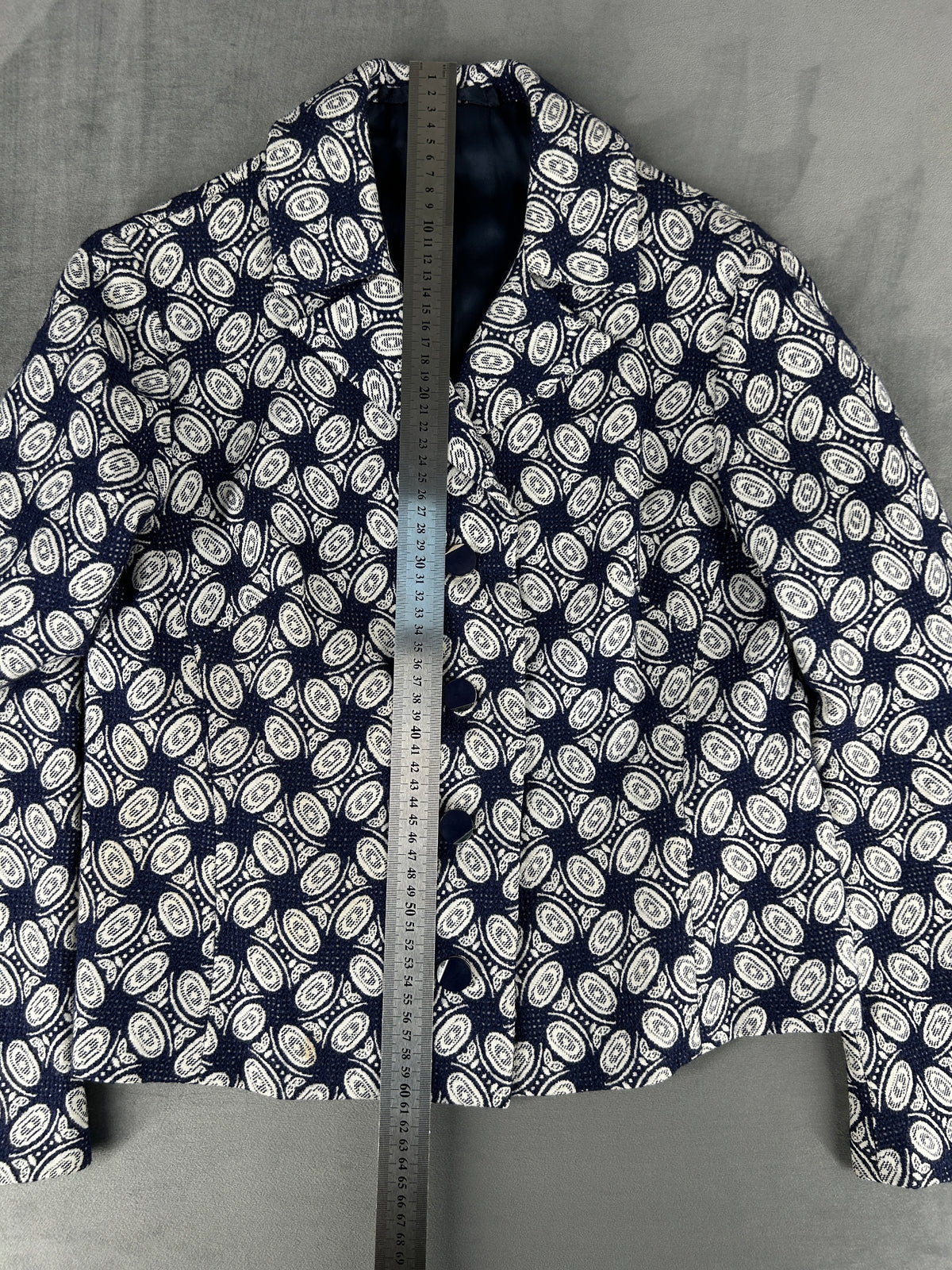 Completo giacca e gonna blu navy a fantasia vintage – Donna Taglia M