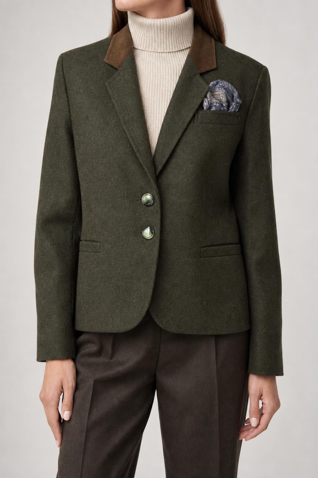Blazer in lana verde militare con collo in velluto vintage – Donna Taglia L