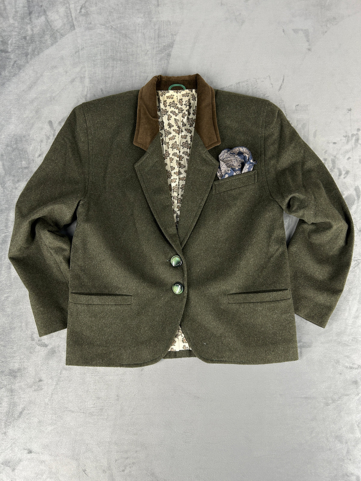 Blazer in lana verde militare con collo in velluto vintage – Donna Taglia L