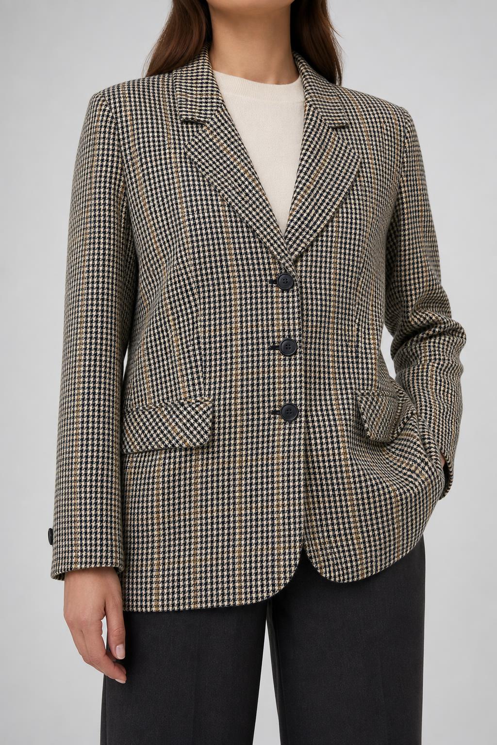Blazer in lana pied de poule beige vintage – Donna Taglia M (IT 42)