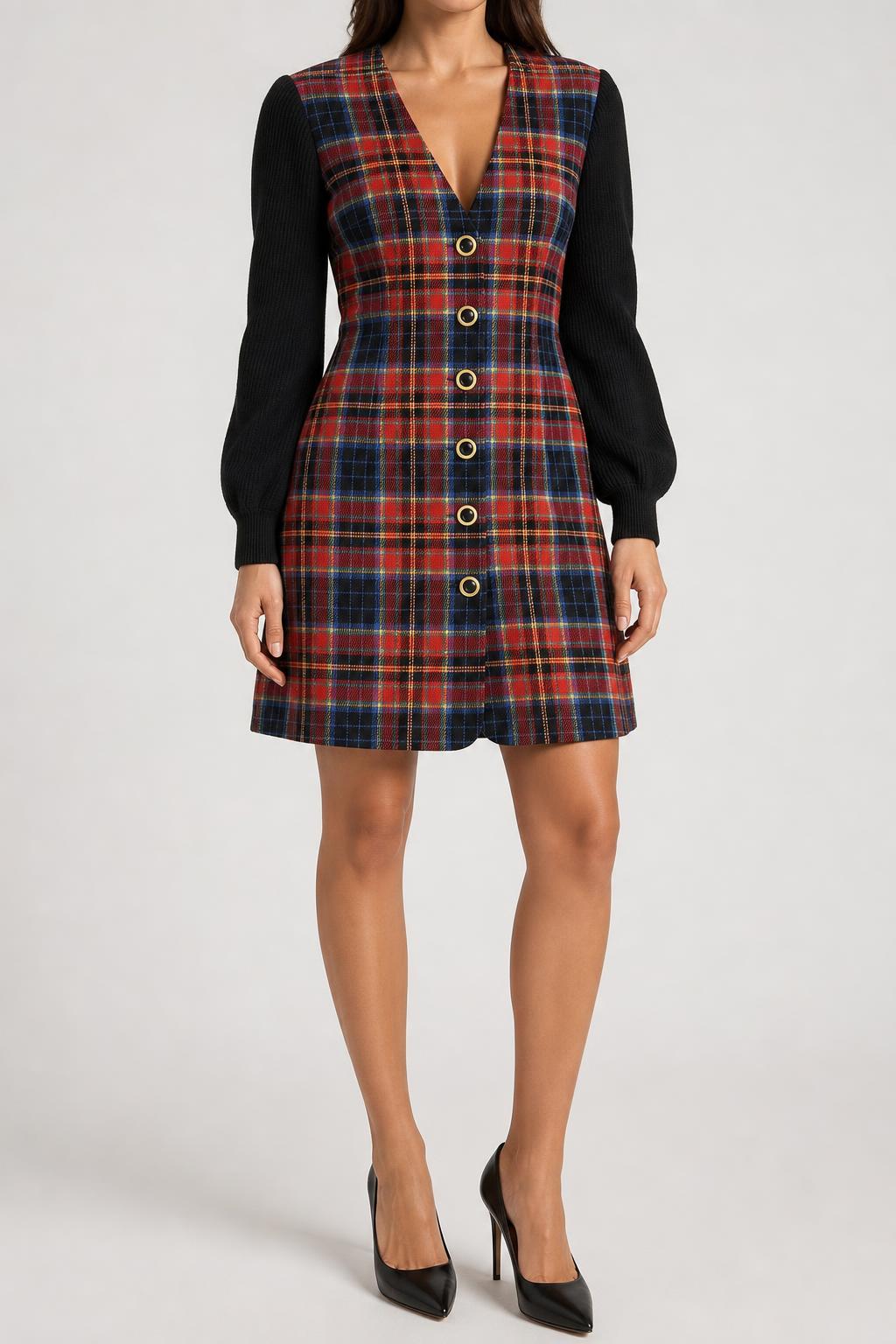 Abito corto tartan rosso con maniche in maglia Lucia vintage – Donna Taglia M