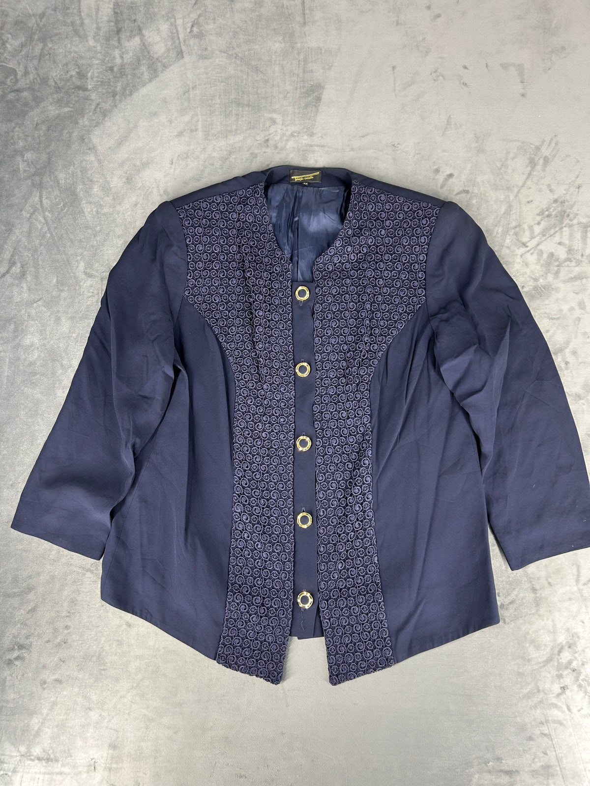 Giacca blu navy con pannello ricamato Teresa Creola vintage – Donna Taglia L