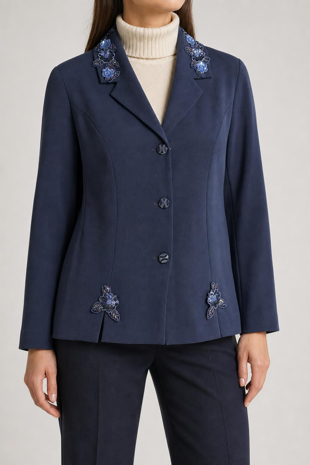 Giacca blu navy con applicazioni ricamate vintage – Donna Taglia L