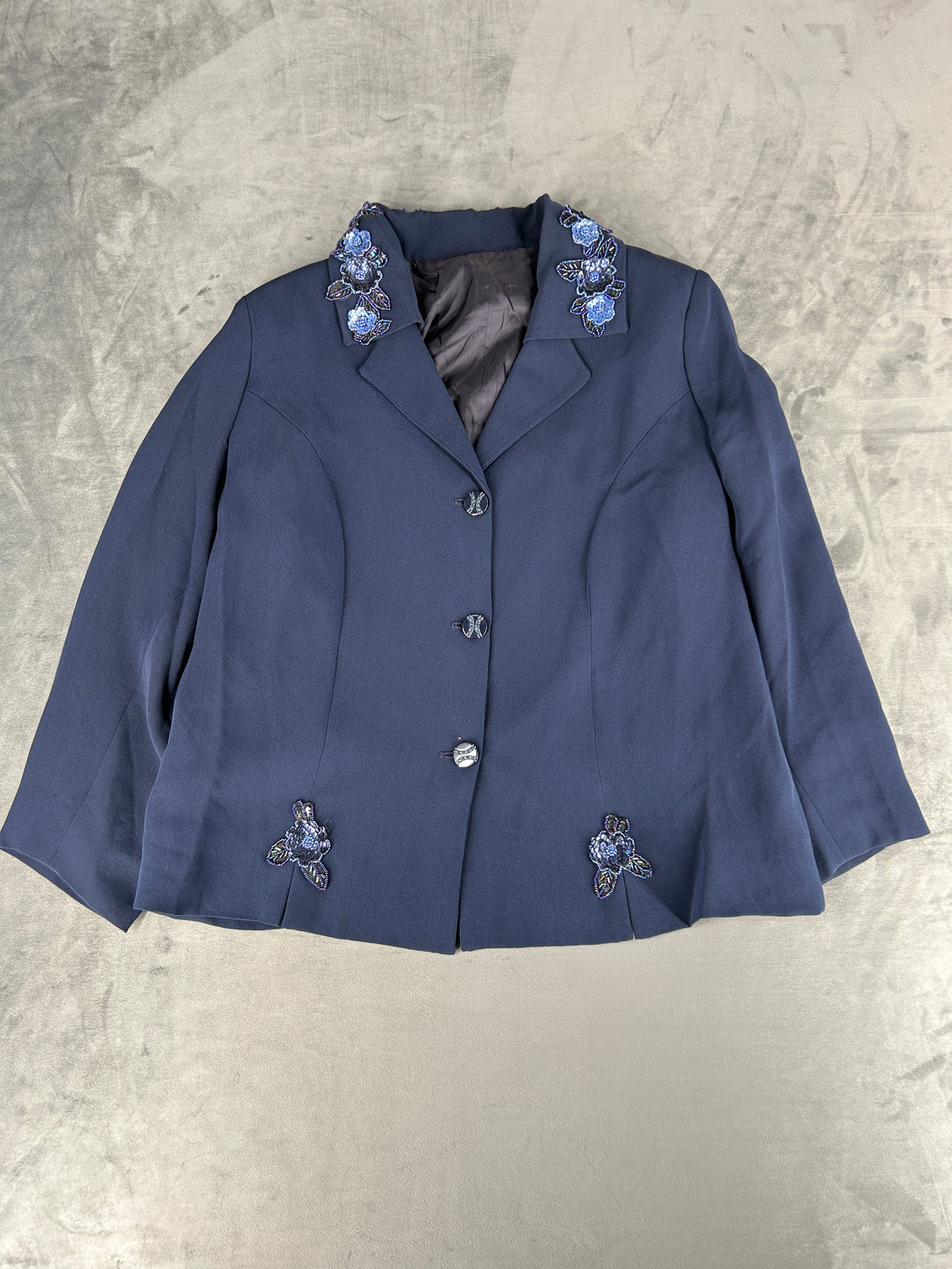 Giacca blu navy con applicazioni ricamate vintage – Donna Taglia L