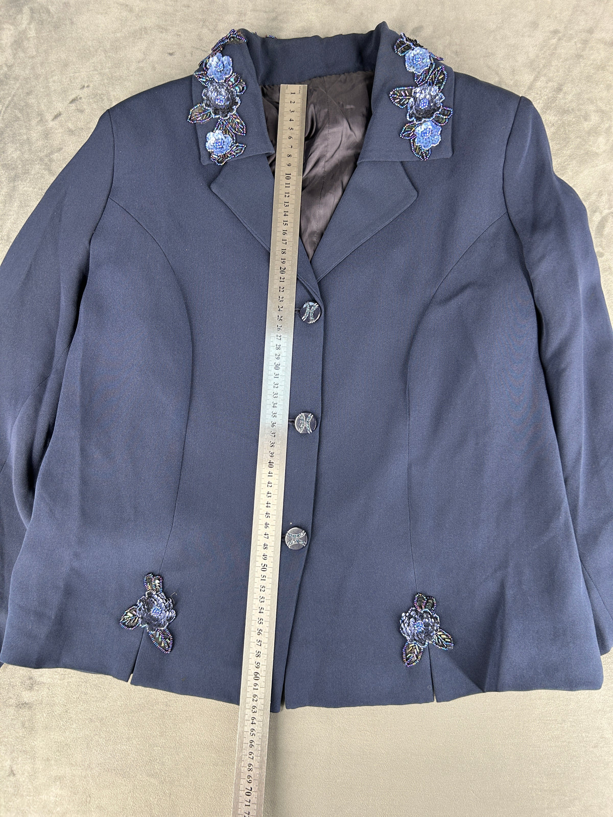 Giacca blu navy con applicazioni ricamate vintage – Donna Taglia L