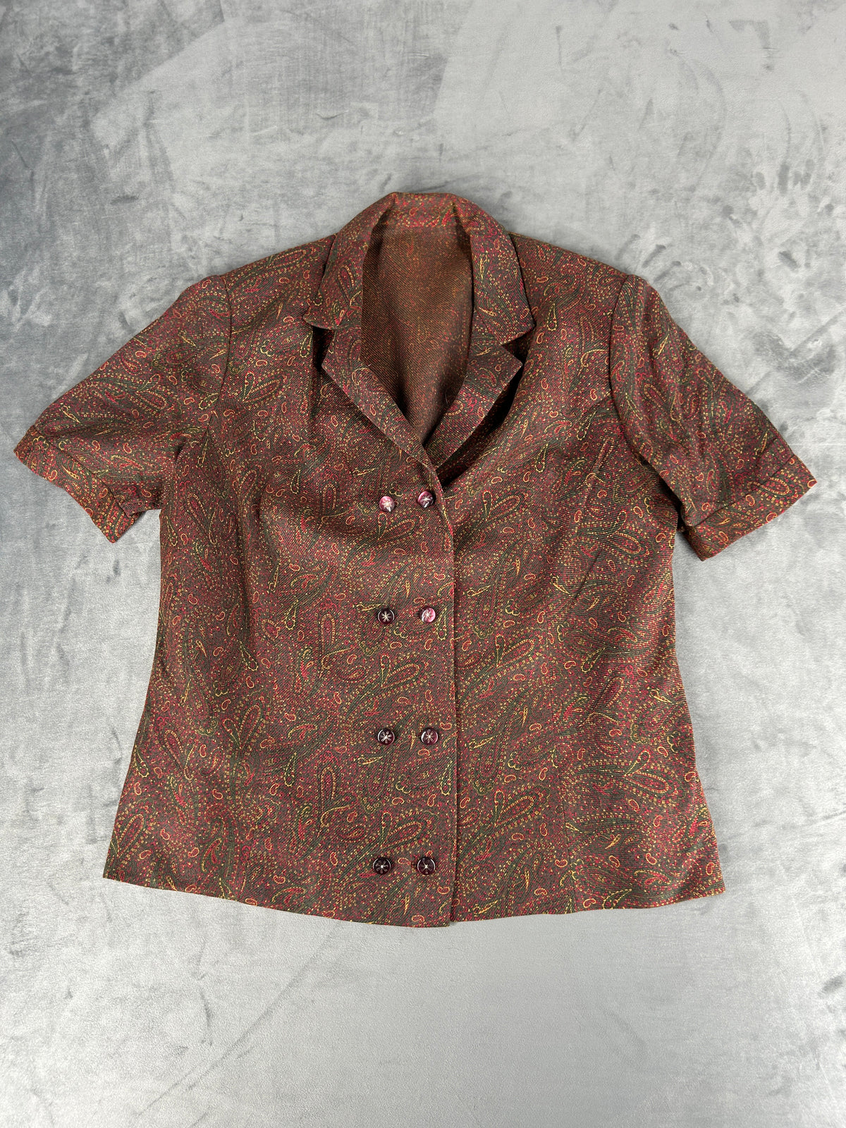 Camicia a maniche corte marrone paisley vintage – Donna Taglia M