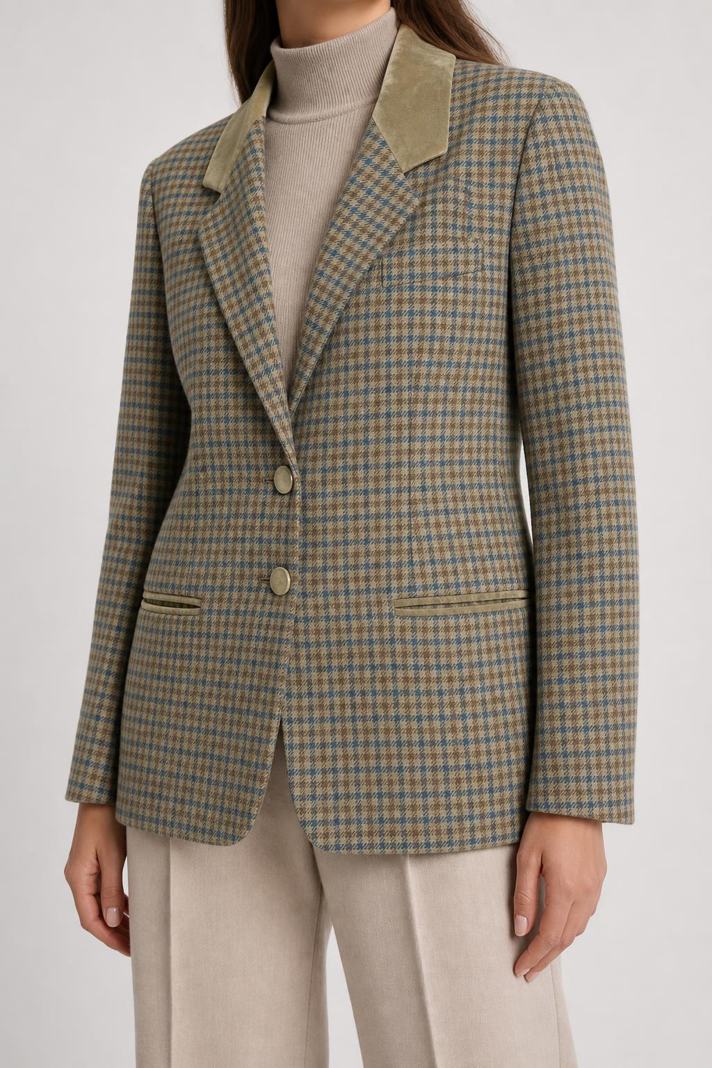 Blazer in lana a quadri verde con collo in velluto vintage – Donna Taglia L