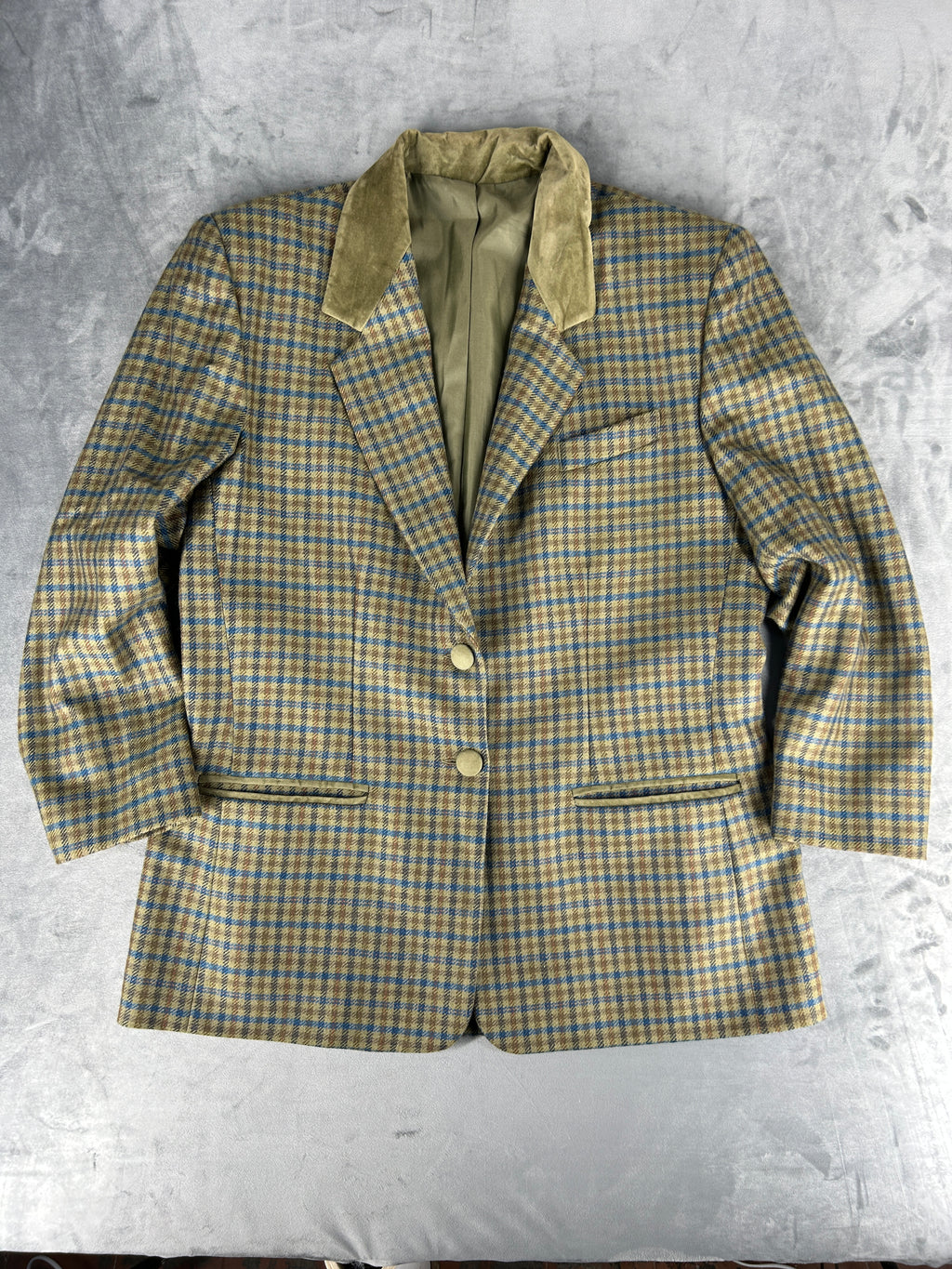 Blazer in lana a quadri verde con collo in velluto vintage – Donna Taglia L