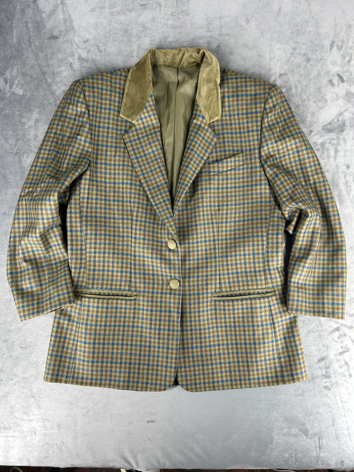 Blazer in lana a quadri verde con collo in velluto vintage – Donna Taglia L