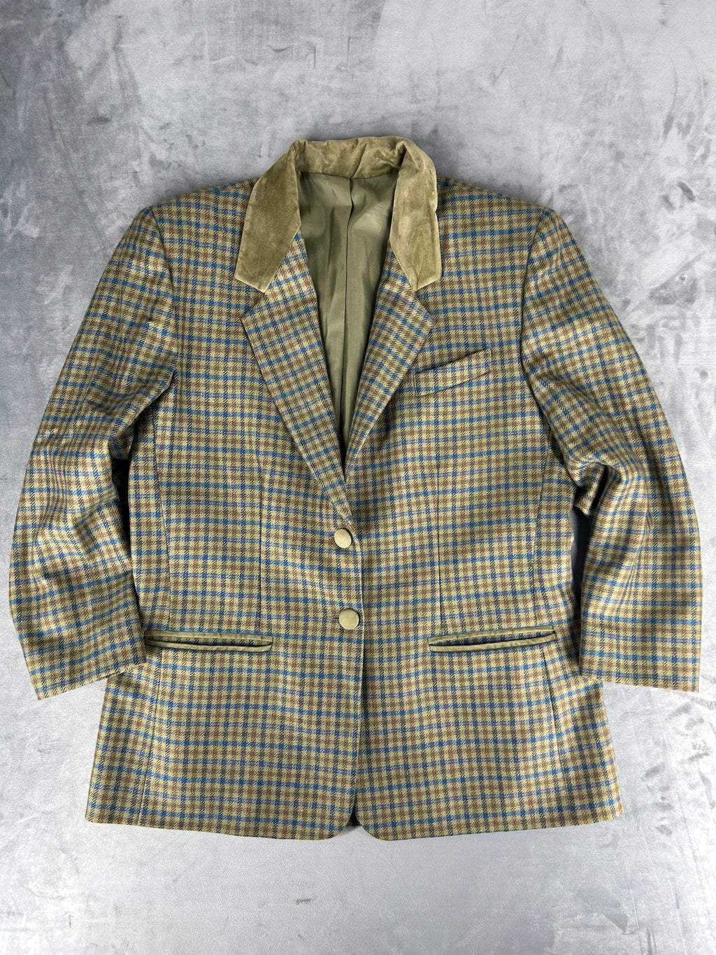 Blazer in lana a quadri verde con collo in velluto vintage – Donna Taglia L